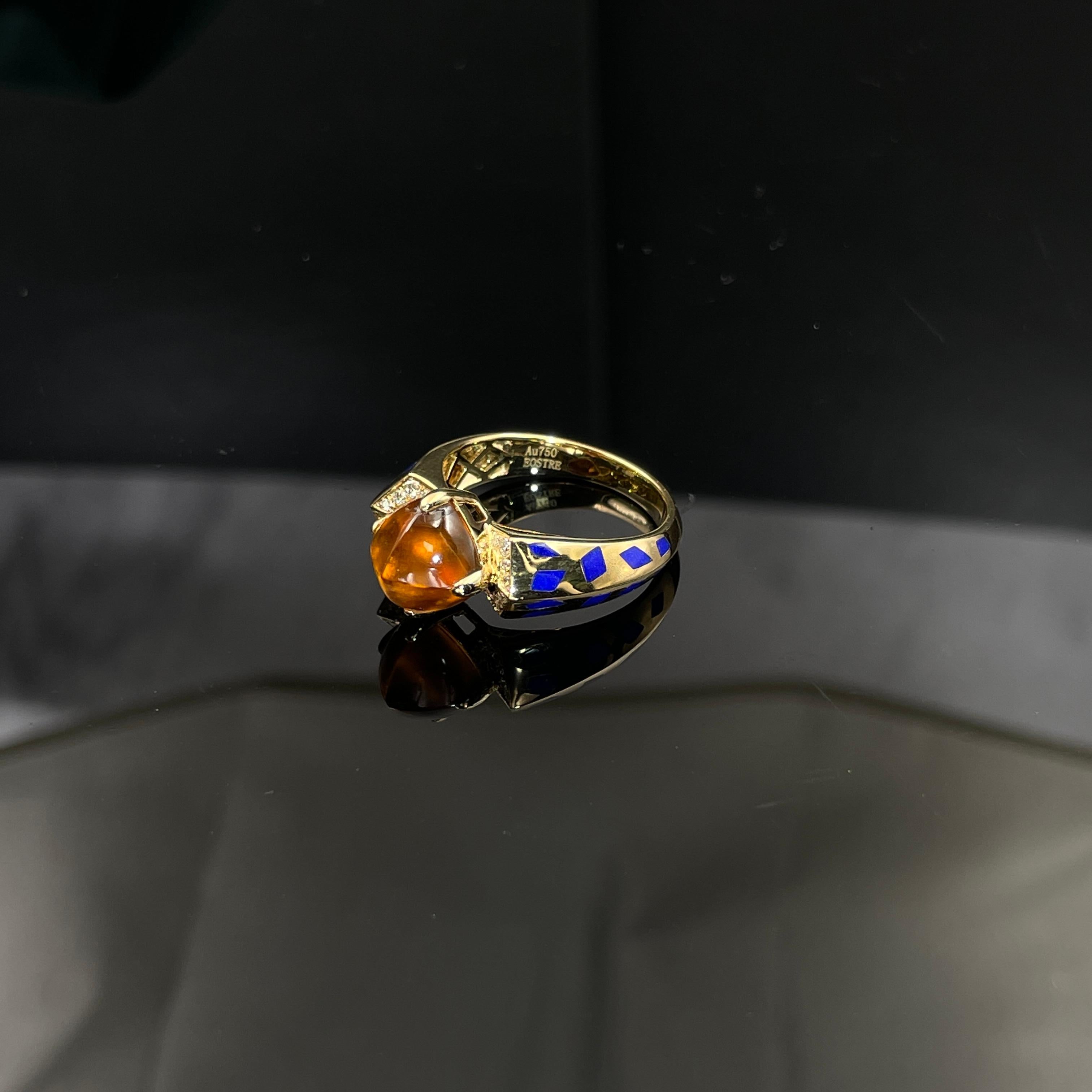 Sugarloaf Cabochon Eostre Fanta Spessartite Garnet, Lapis Lazuli and Diamond Ring in 18K Gold For Sale
