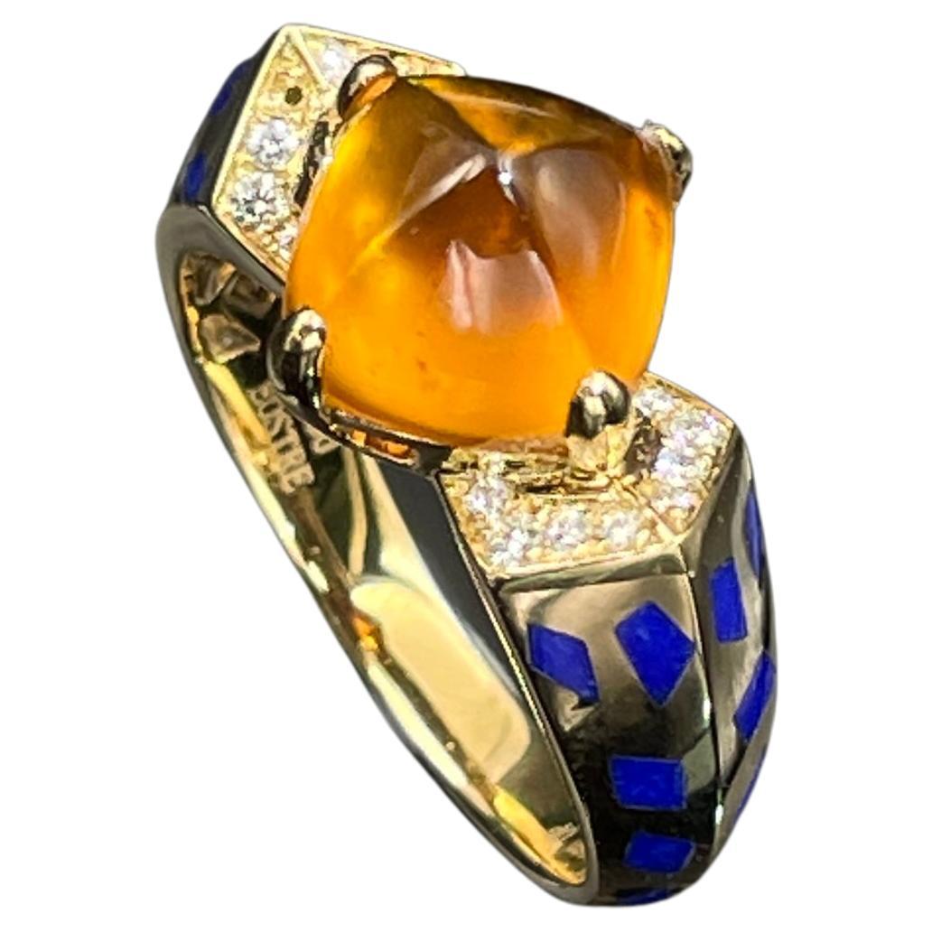 Eostre Ring aus 18 Karat Gold mit Fanta Spessartit Granat, Lapislazuli und Diamant im Angebot