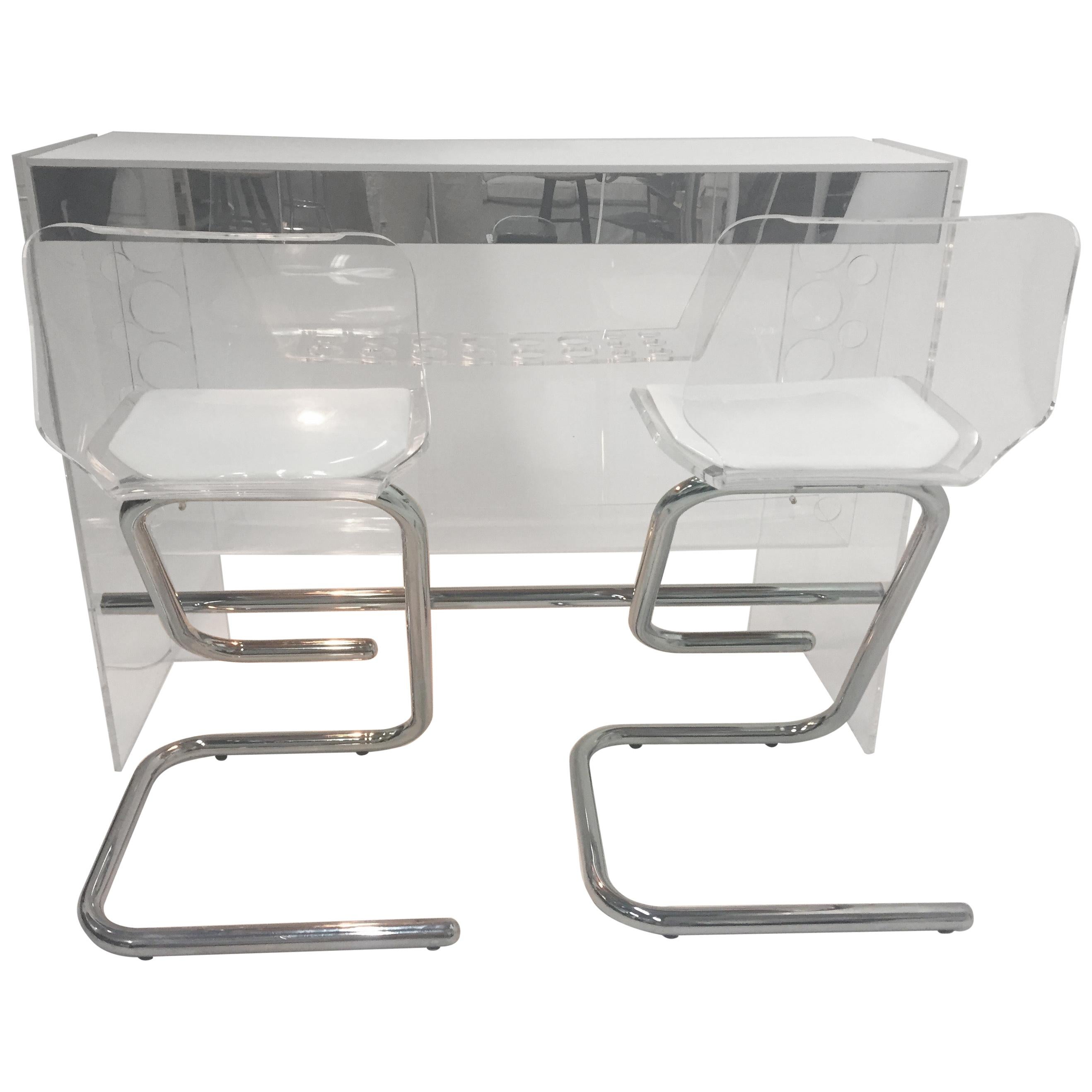 Fantabulous Lucite and Mirrored Bar with Matching Bar Stools at 1stDibs