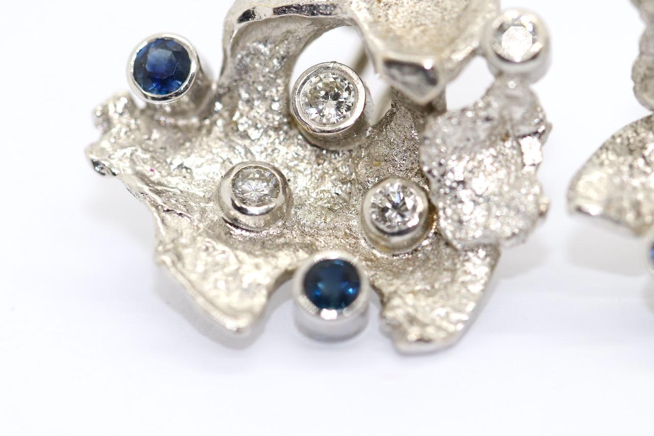 Round Cut Fantasie Earrings Ear Clips 14 Karat White Gold with Diamonds and Sapphires For Sale
