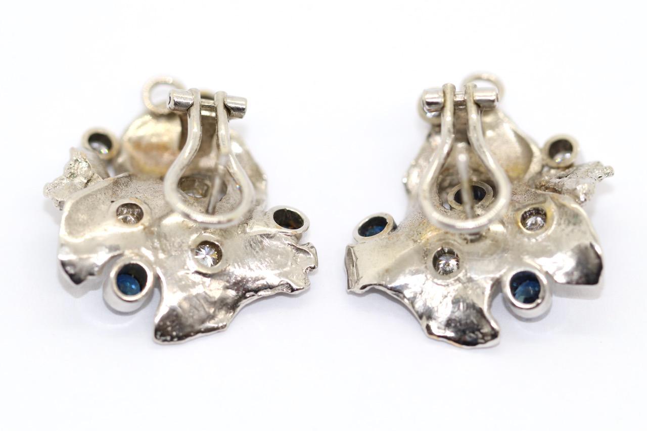 Fantasie Earrings Ear Clips 14 Karat White Gold with Diamonds and Sapphires For Sale 3