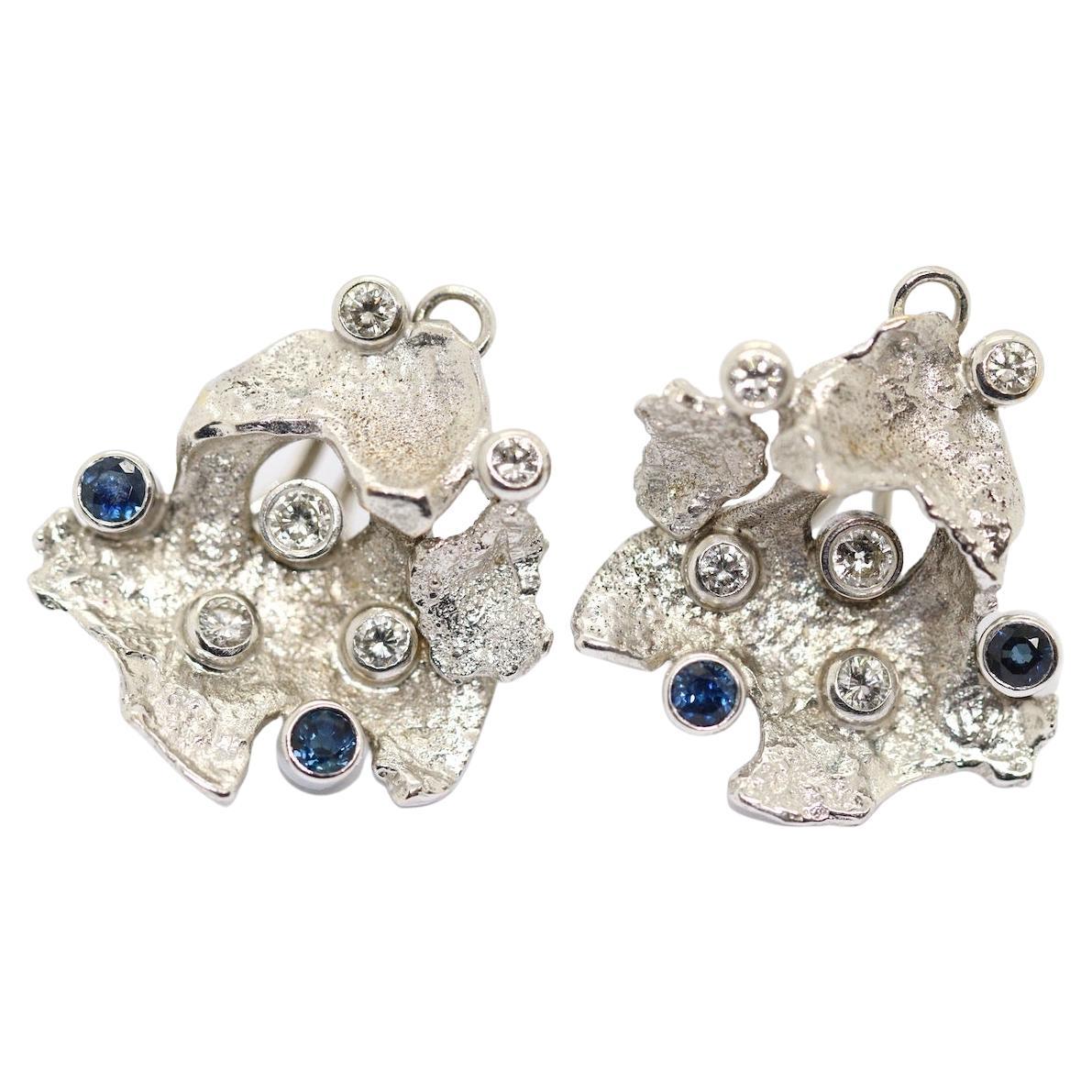 Fantasie Earrings Ear Clips 14 Karat White Gold with Diamonds and Sapphires For Sale