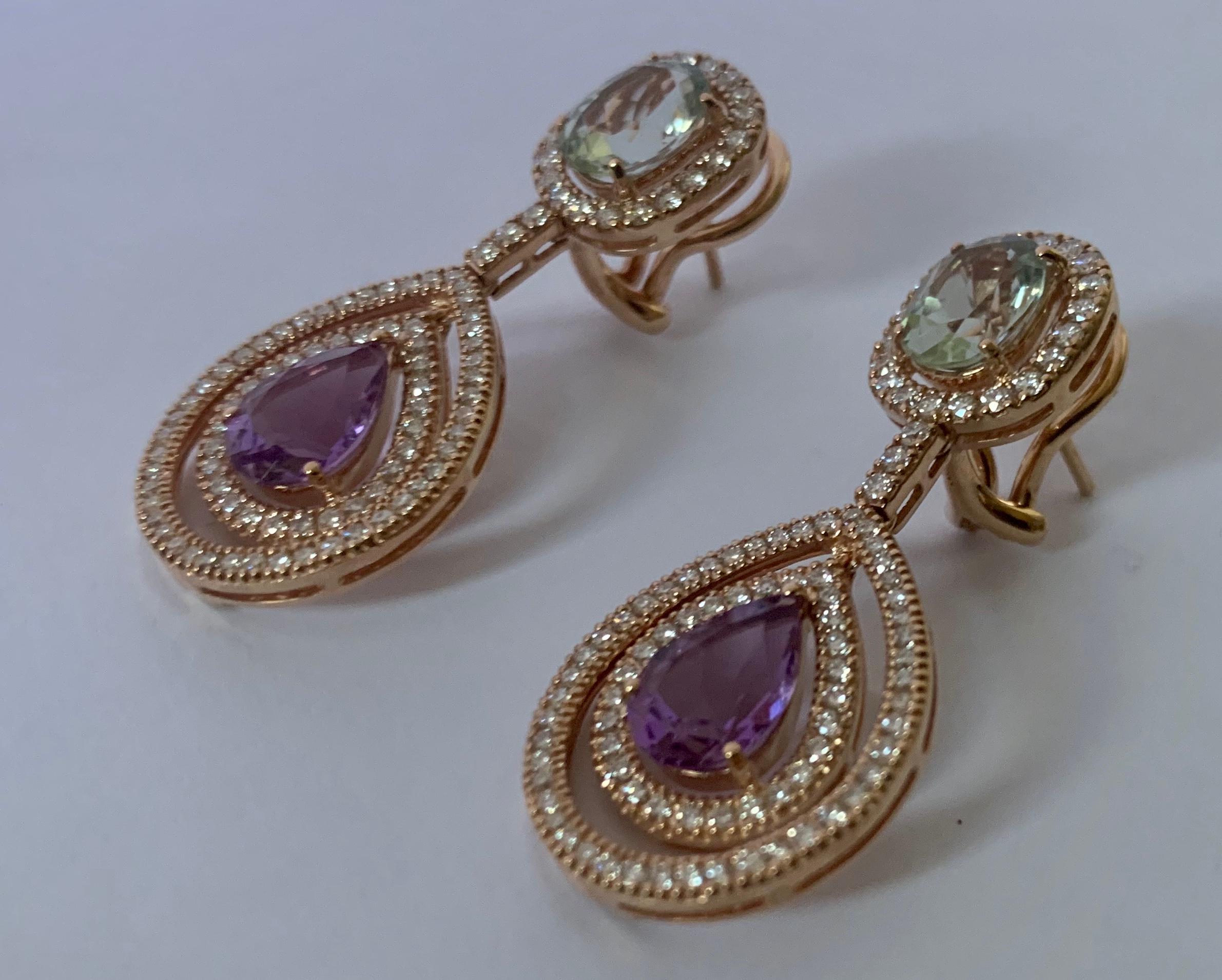 Wonderful earrings in 18 K pink Gold set with 2 green Amethysts weighing 3.31 ct, 2 Amethysts weighing 3.25 ct and 192 brilliant cut Diamonds weighing 2.09 ct, G color , vs clarity. Matching necklace available. 
Masterfully handcrafted piece!