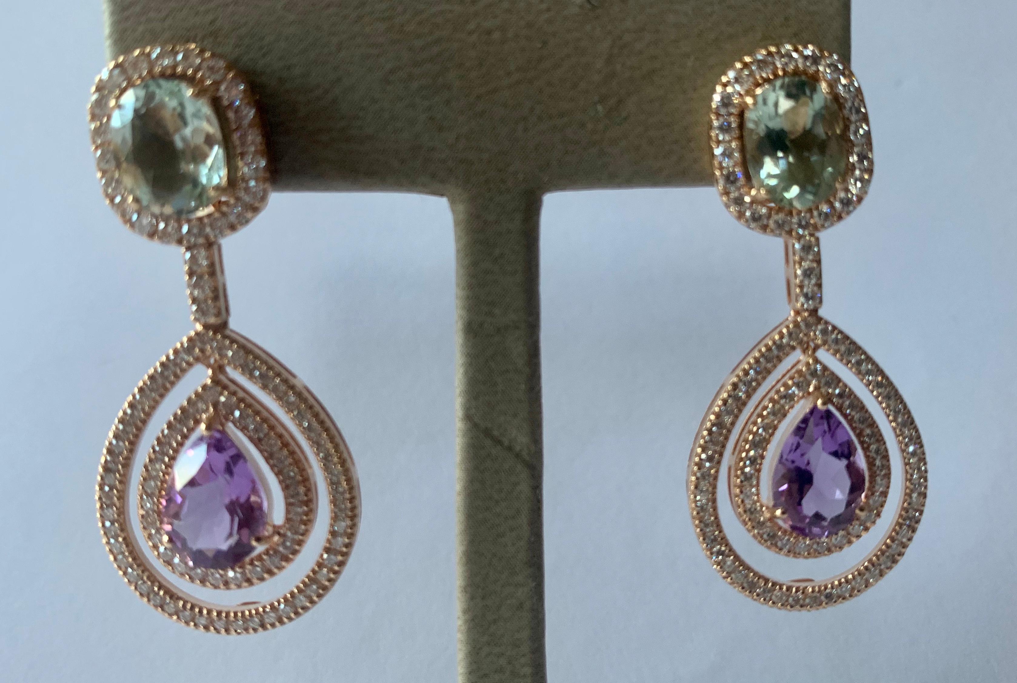 Fantastische fantastische Ohrringe aus 18 Karat Roségold mit Amethysten und Diamanten (Zeitgenössisch) im Angebot