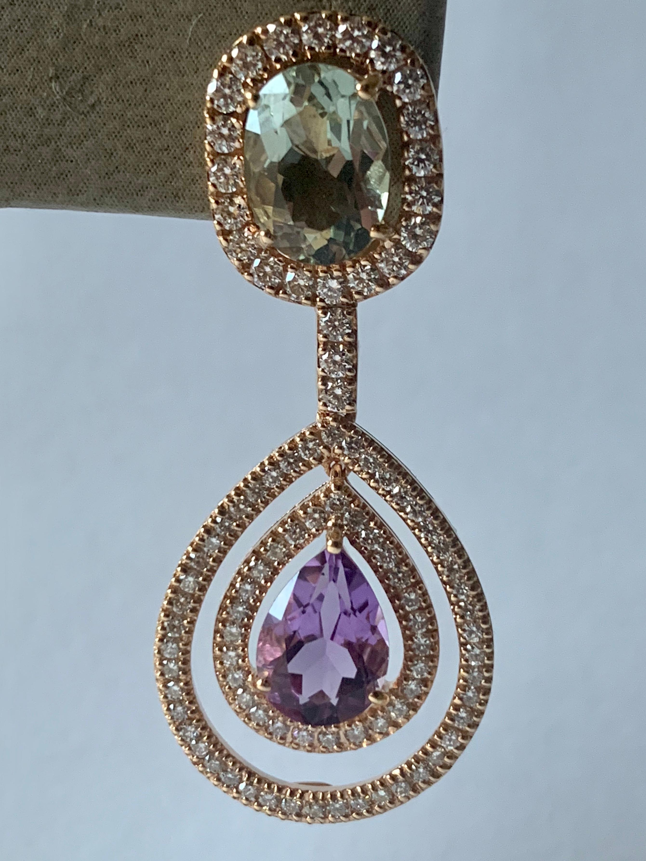 Contemporary Fantastic 18 Karat Pink Gold Earrings with Amethysts and Diamonds For Sale