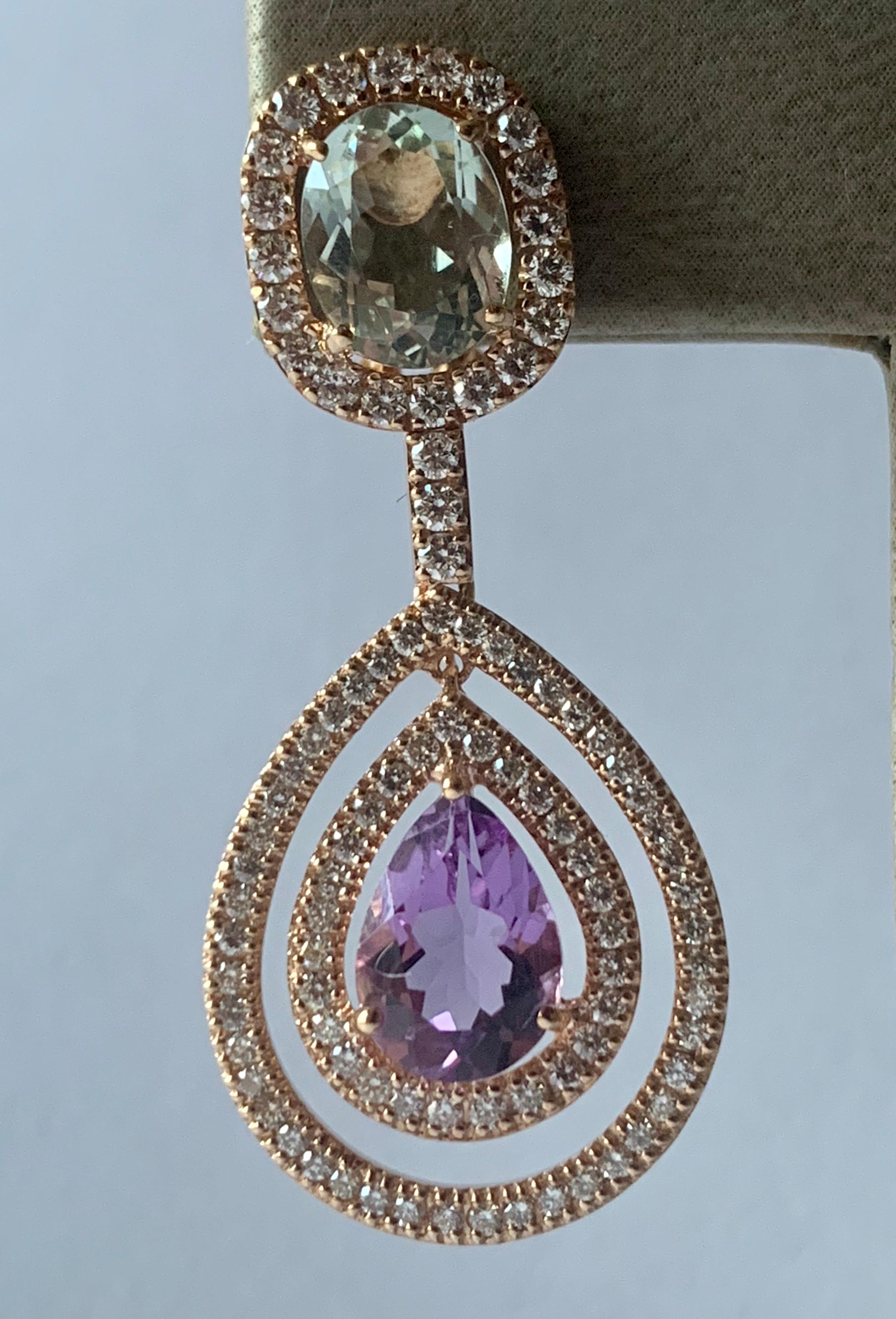 Round Cut Fantastic 18 Karat Pink Gold Earrings with Amethysts and Diamonds For Sale