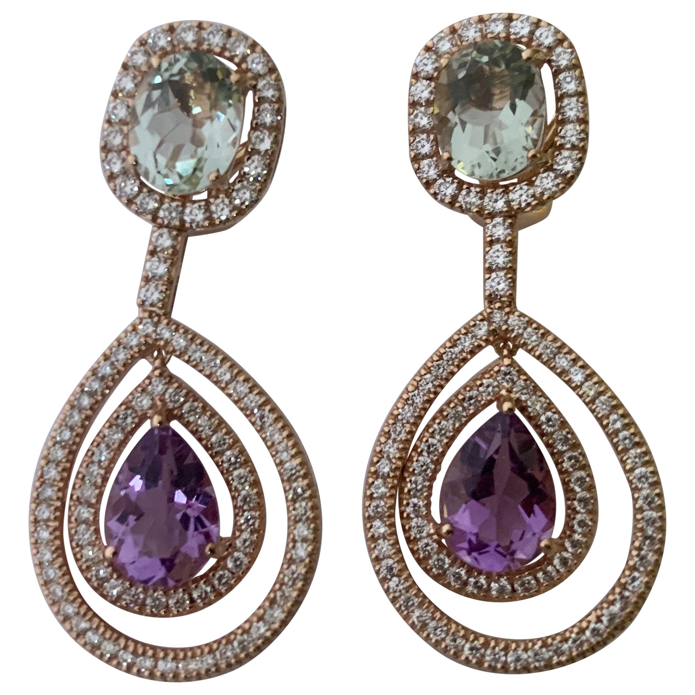 Fantastic 18 Karat Pink Gold Earrings with Amethysts and Diamonds For Sale