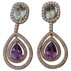 Fantastic 18 Karat Pink Gold Earrings with Amethysts and Diamonds