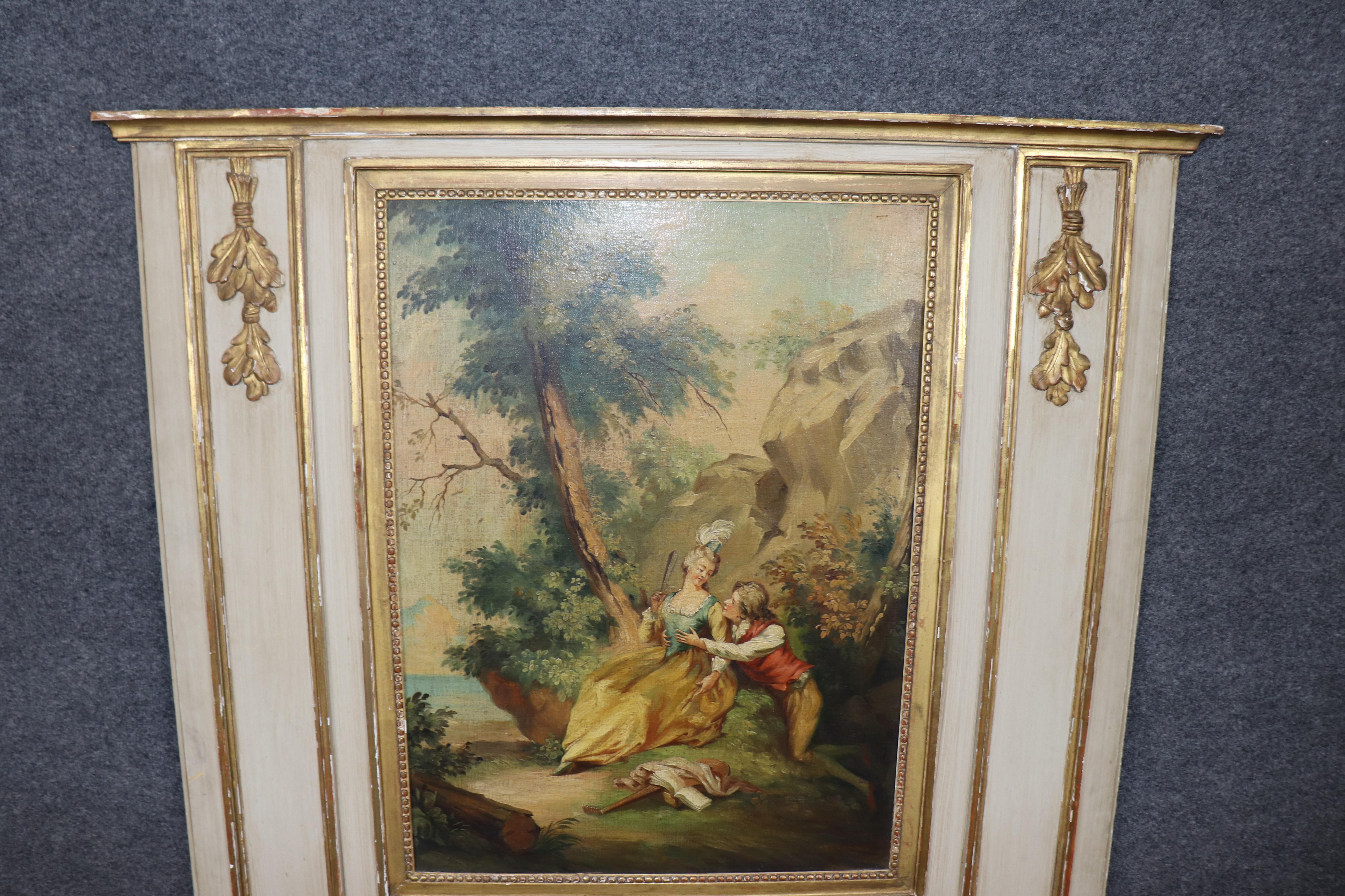 Fantastic 1900s era French Trumeau Mirror with Courtship Painting Oil on Board For Sale 4