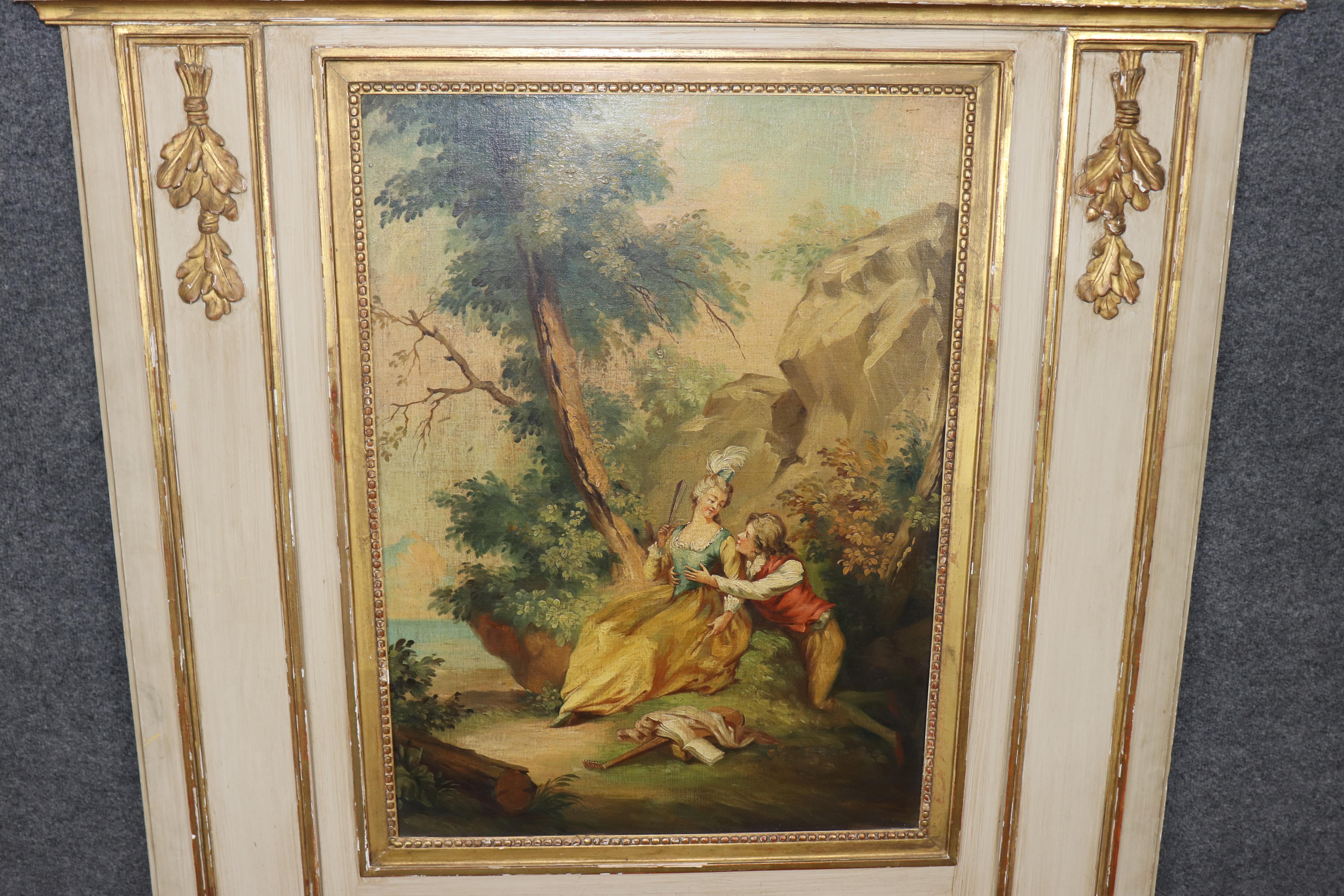 Louis XV Fantastic 1900s era French Trumeau Mirror with Courtship Painting Oil on Board For Sale