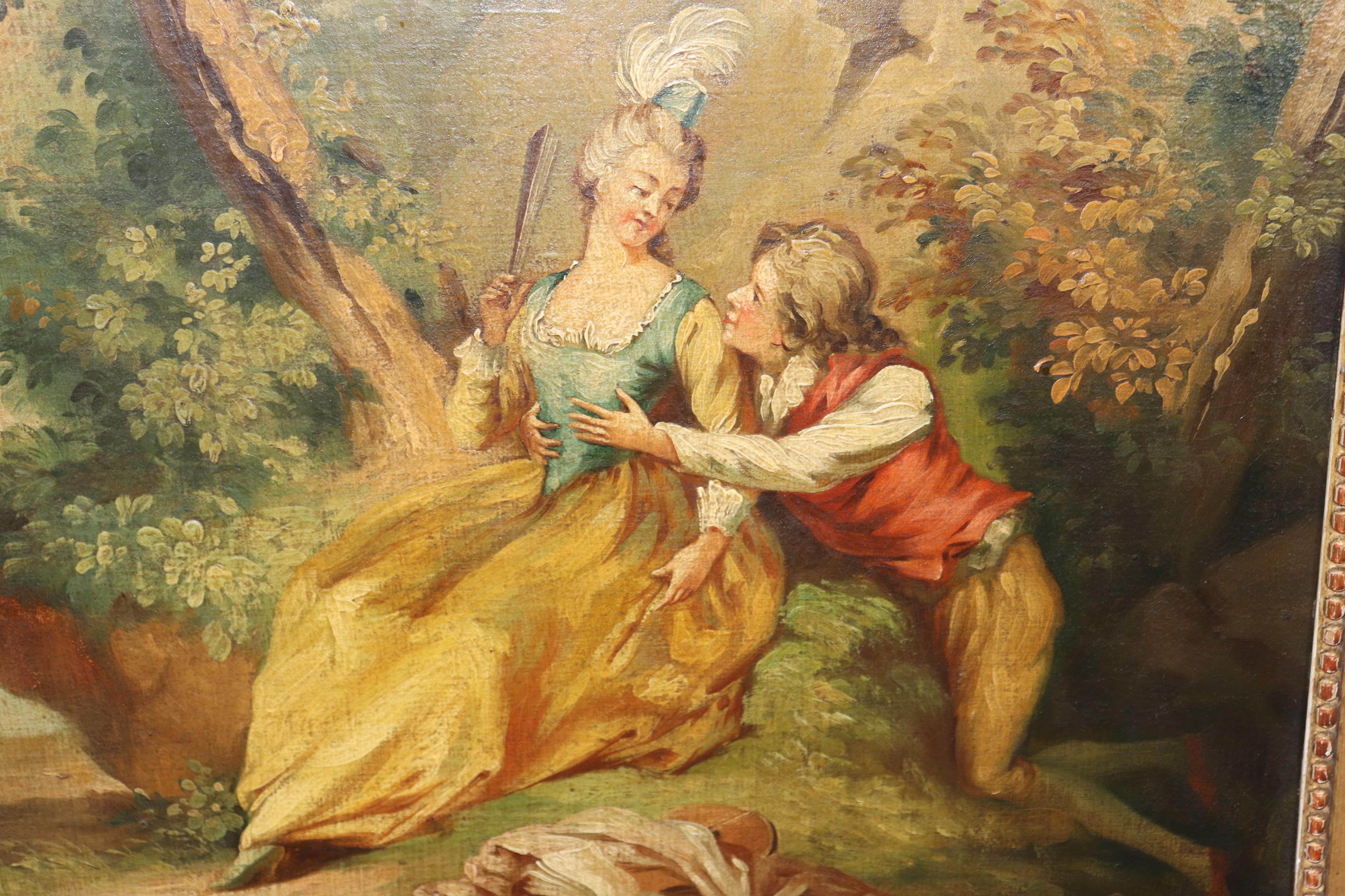 Fantastic 1900s era French Trumeau Mirror with Courtship Painting Oil on Board For Sale 2