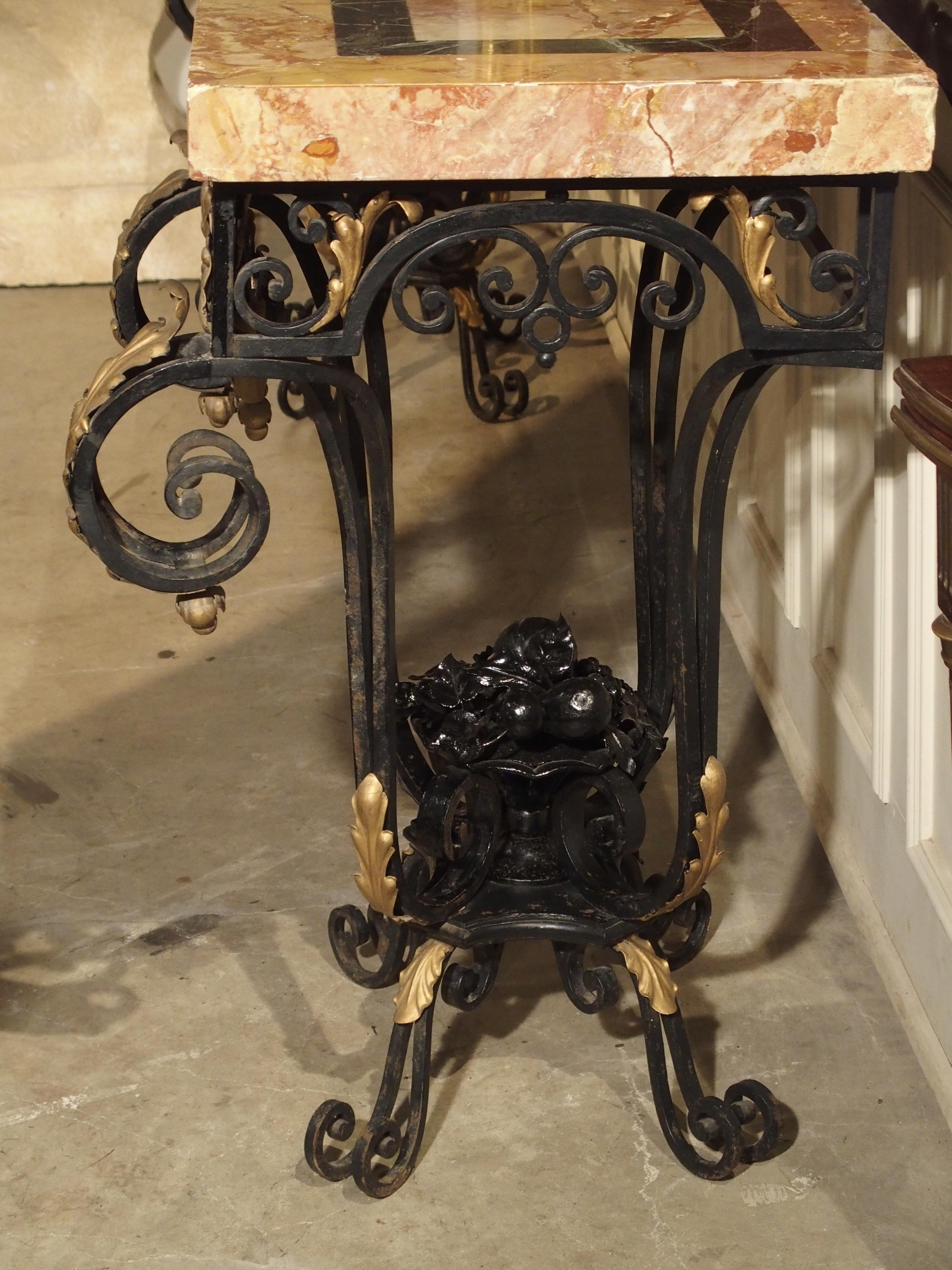 French Fantastic 1920s Forged Iron and Marble Console Table from France For Sale