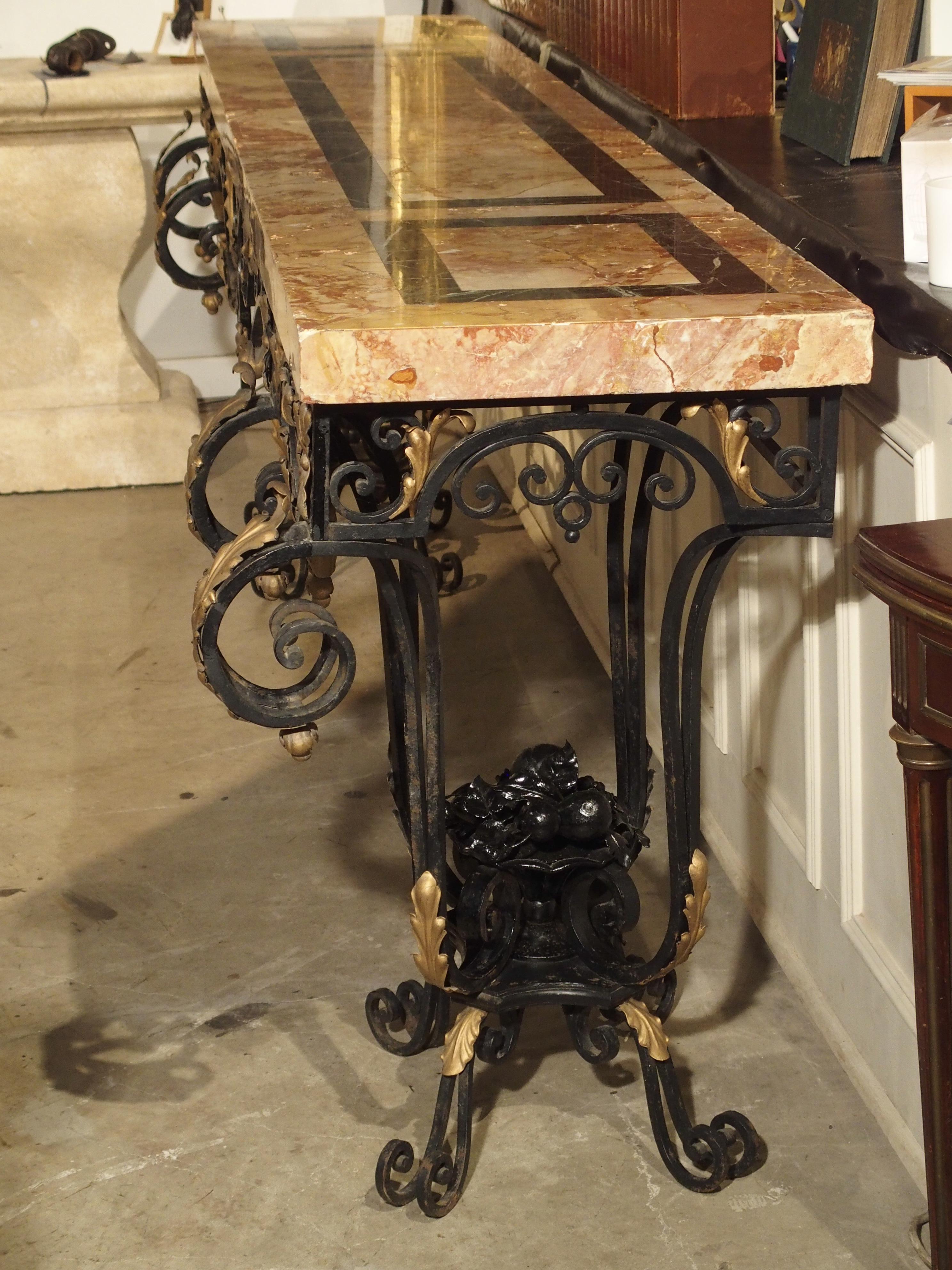 Hand-Painted Fantastic 1920s Forged Iron and Marble Console Table from France For Sale