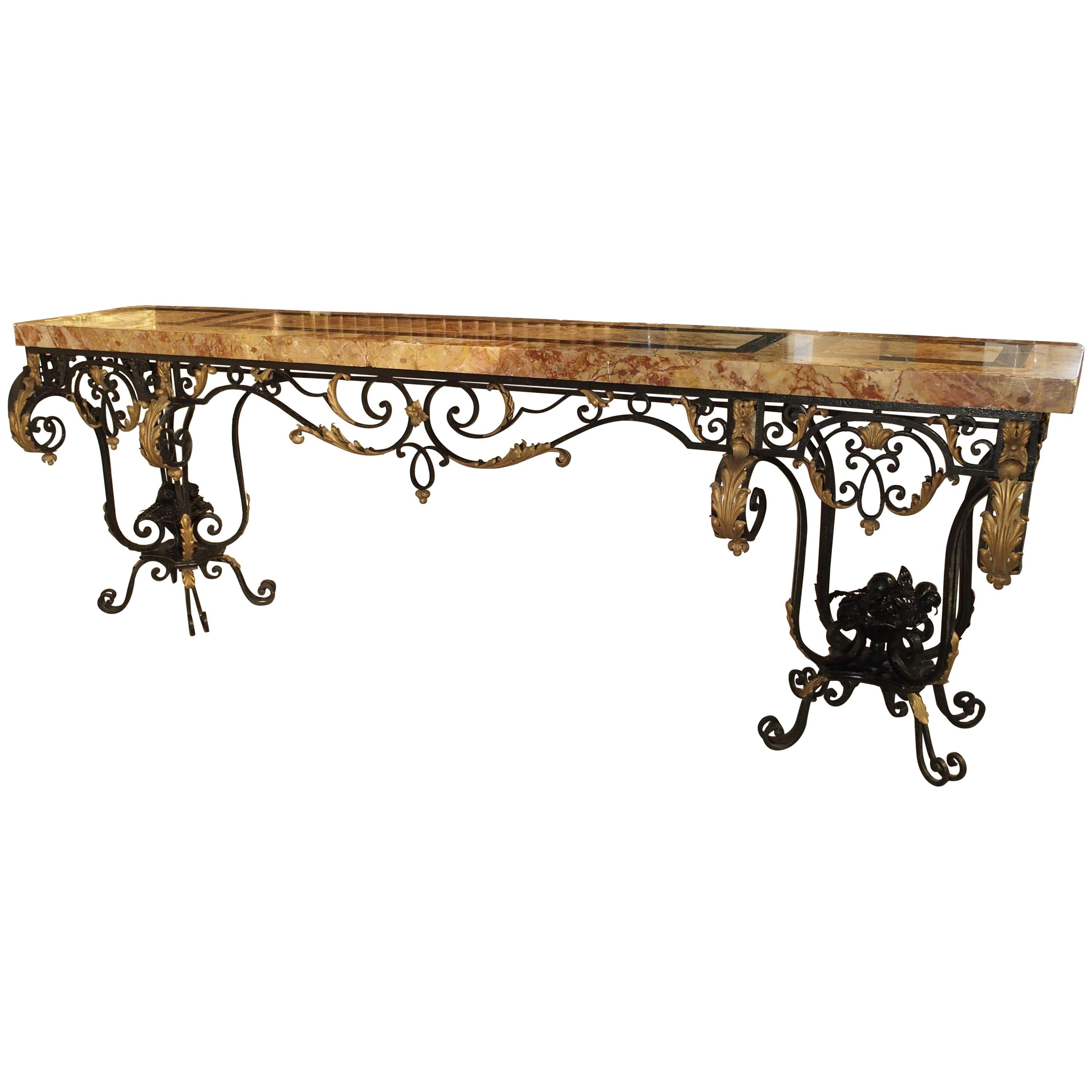 Fantastic 1920s Forged Iron and Marble Console Table from France For Sale