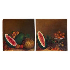Antique Fantastic 19th Century American Pair of Folk Art Still Life Paintings