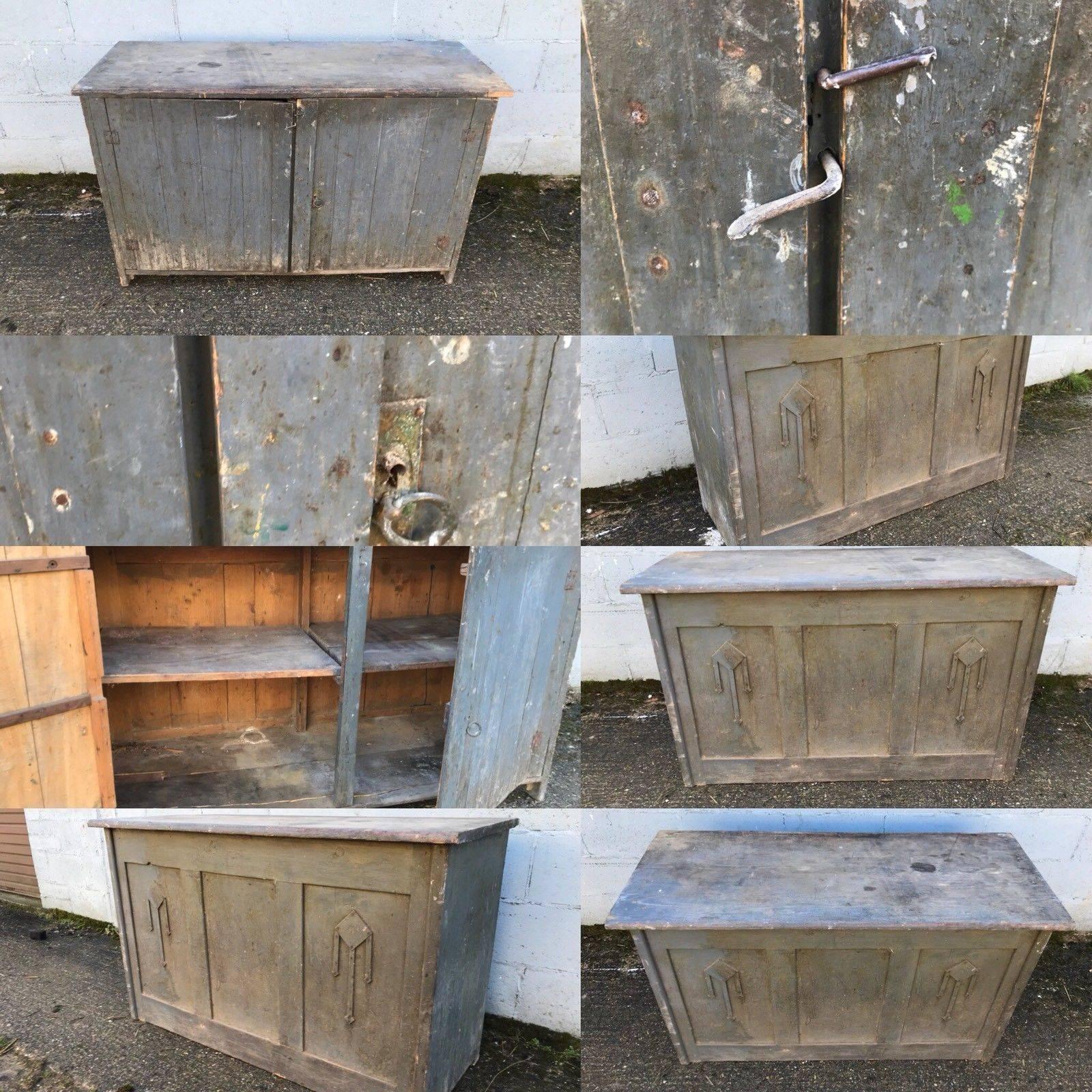 Here we have a fantastic French cupboard that oozes patina. It has a pair of doors one side that opens to reveal a shelving area. The other side has a decorated front. Which leads you to believe it was use as an island or counter, being double