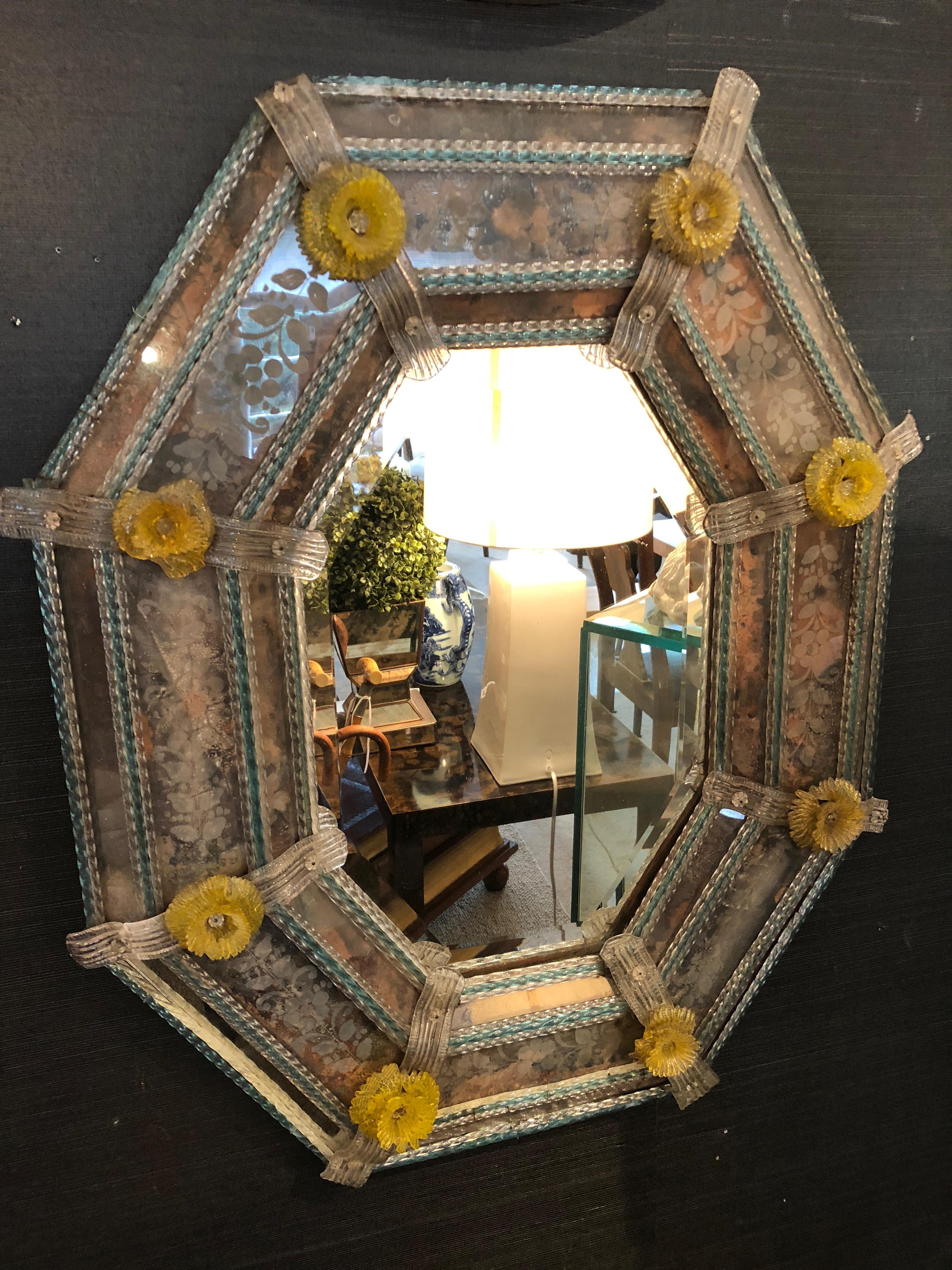 Fantastic 19th century Venetian mirror having rare details and colors. Etched panels surround the body of the mirror having intricate blue and clear glass piping around the frame and yellow glass flowers.
Mirror has been professionally restored,