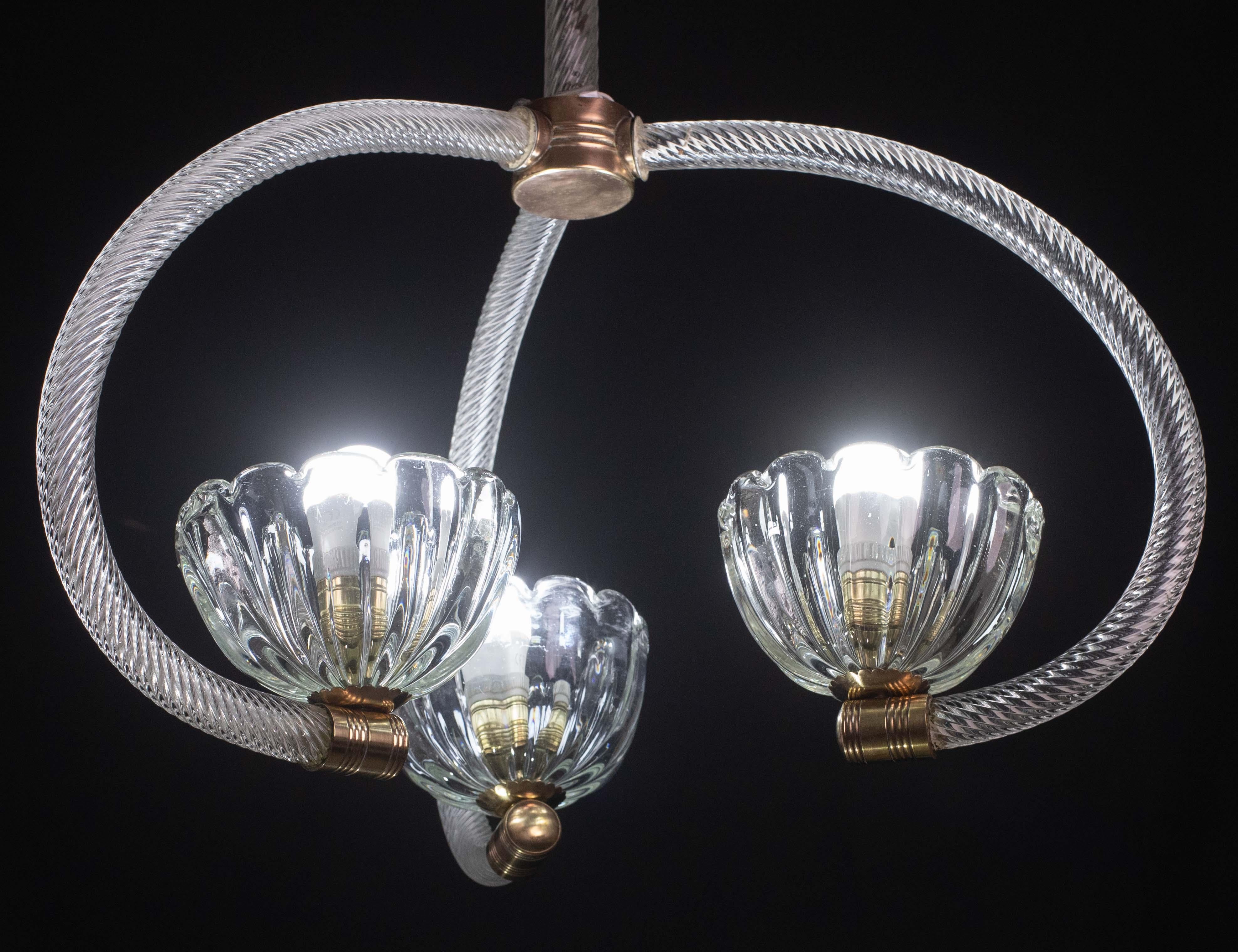 Fantastique lustre Art Déco Barovier e Toso à 3 tasses, années 1940 en vente 5