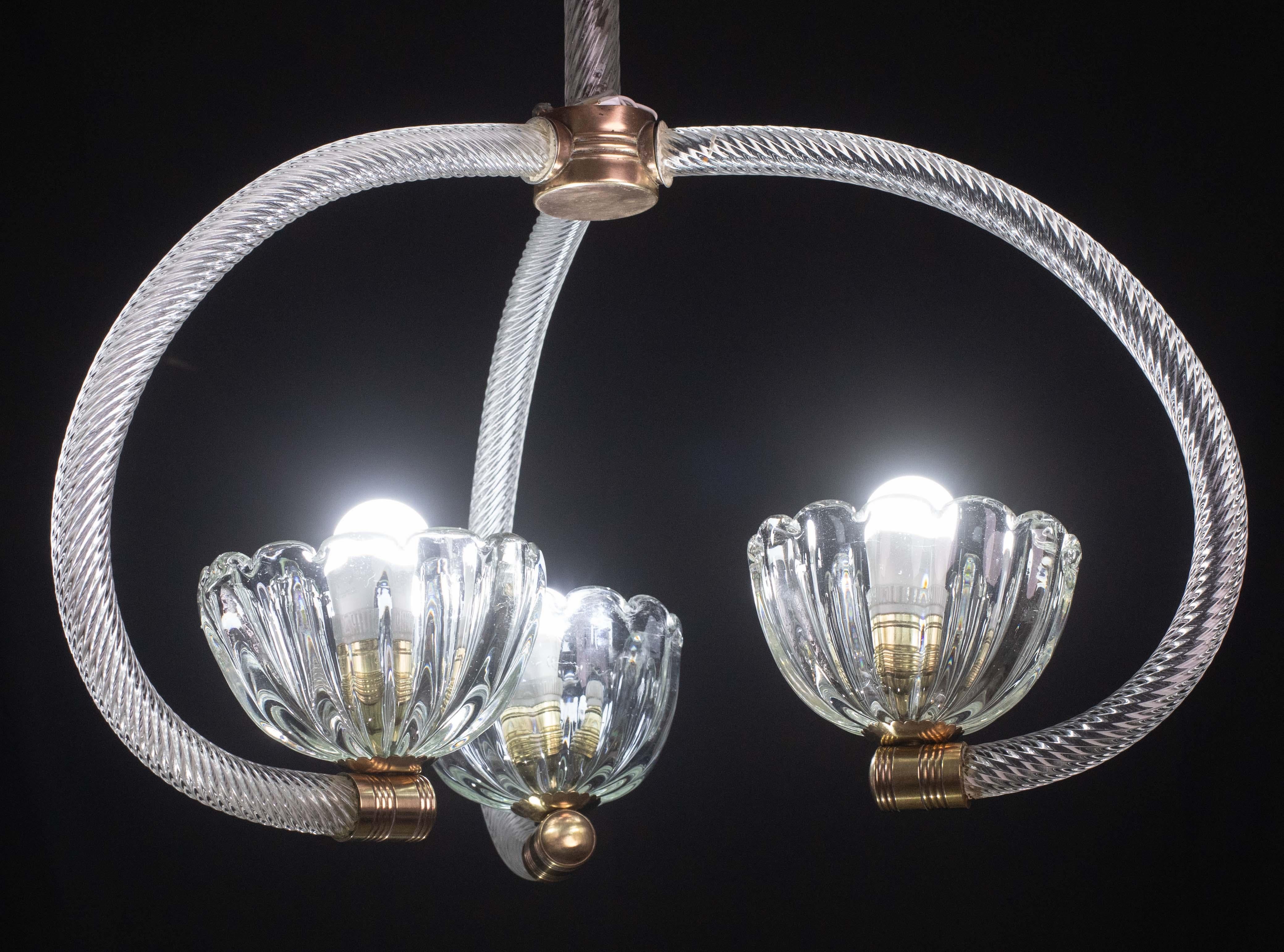 Fantastique lustre Art Déco Barovier e Toso à 3 tasses, années 1940 Bon état - En vente à Roma, IT