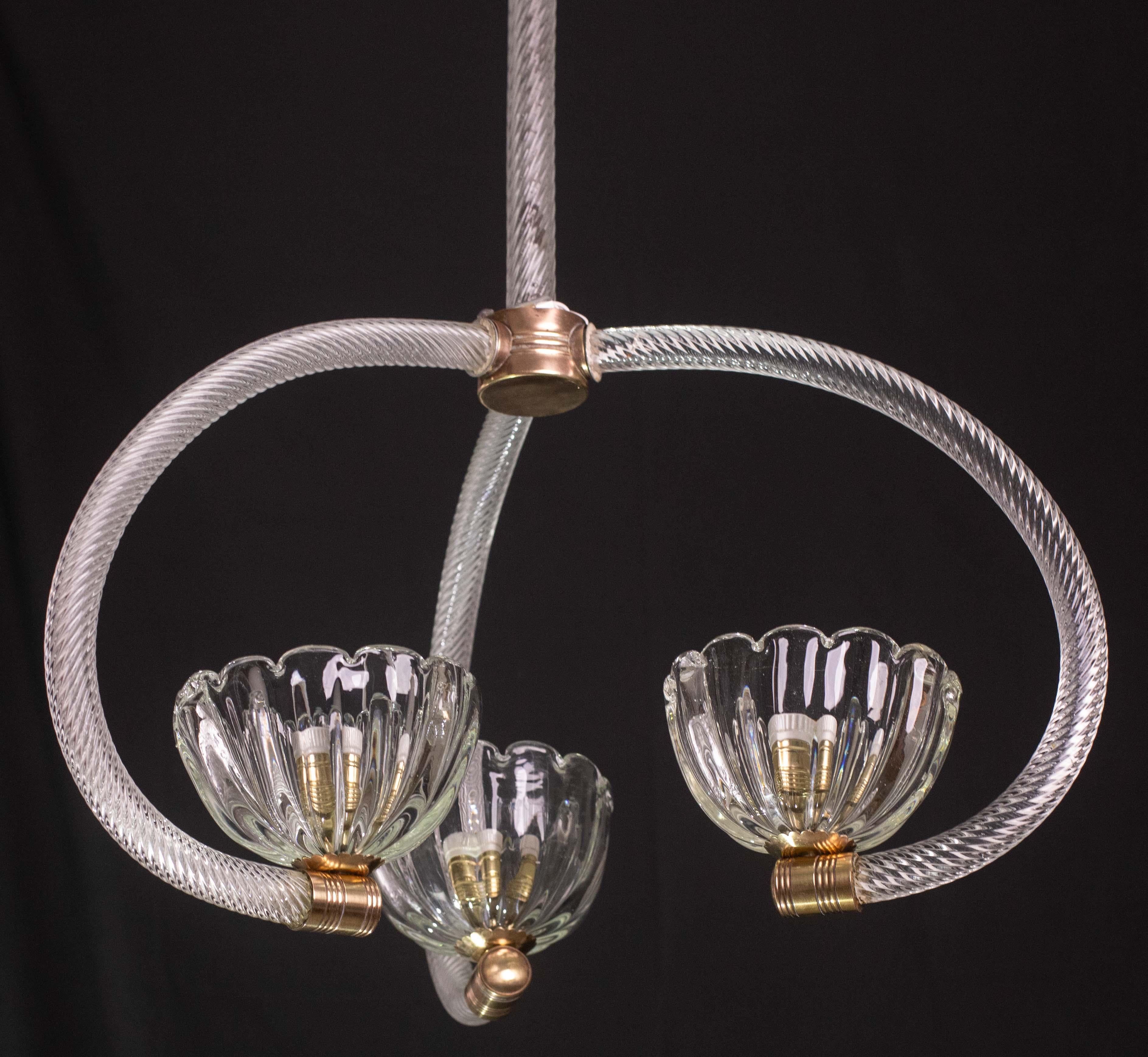Milieu du XXe siècle Fantastique lustre Art Déco Barovier e Toso à 3 tasses, années 1940 en vente