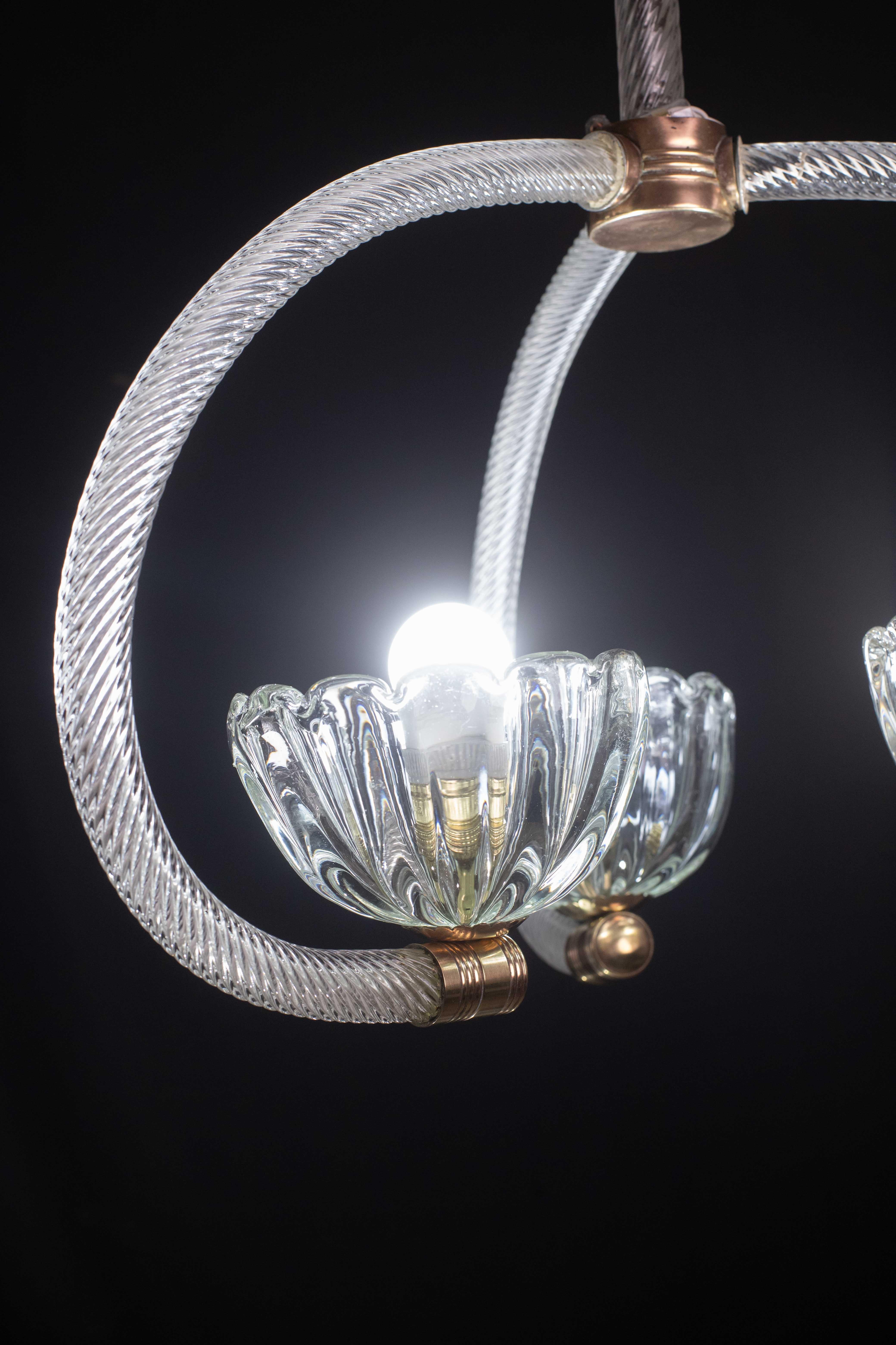 Fantastique lustre Art Déco Barovier e Toso à 3 tasses, années 1940 en vente 1