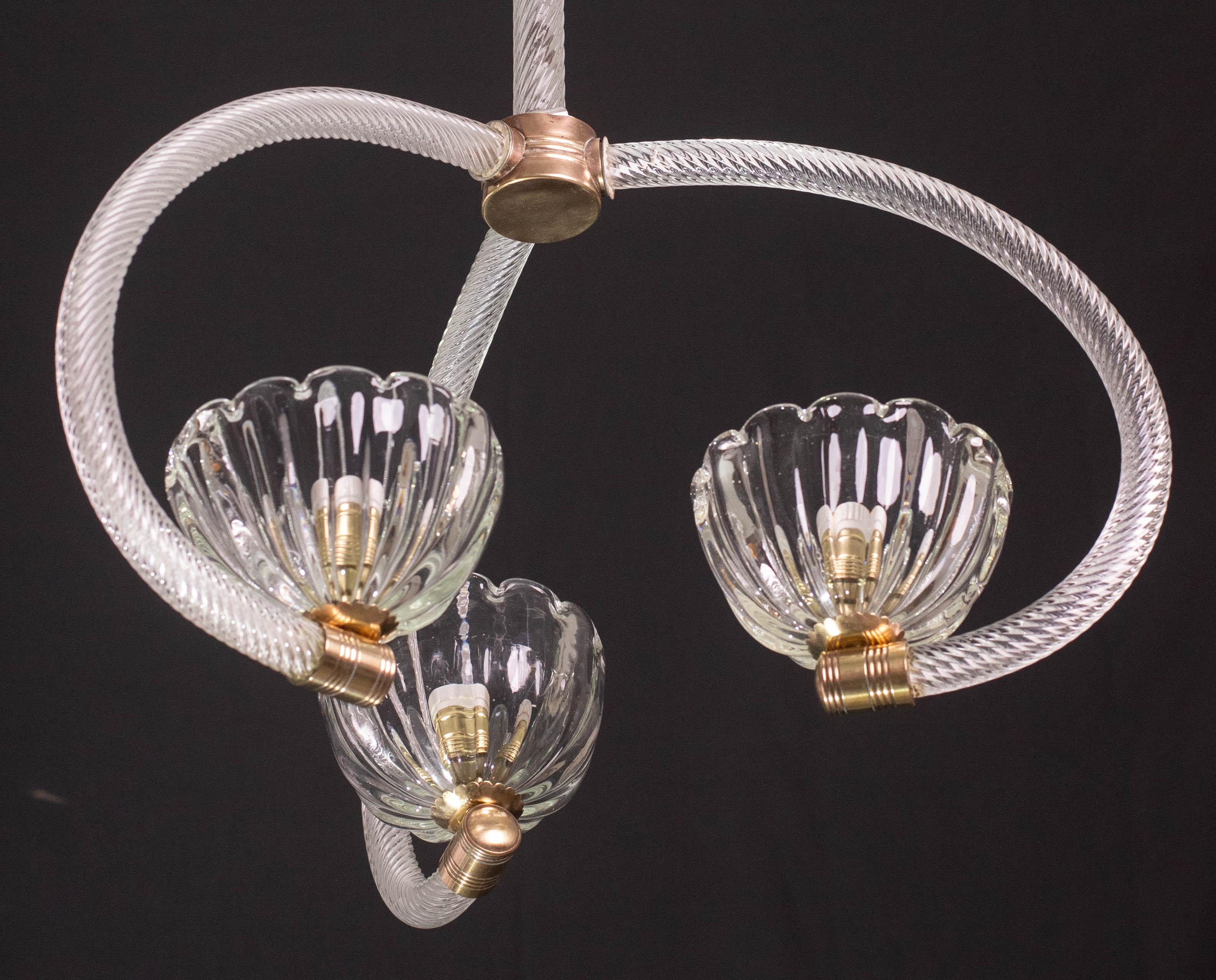 Fantastique lustre Art Déco Barovier e Toso à 3 tasses, années 1940 en vente 2