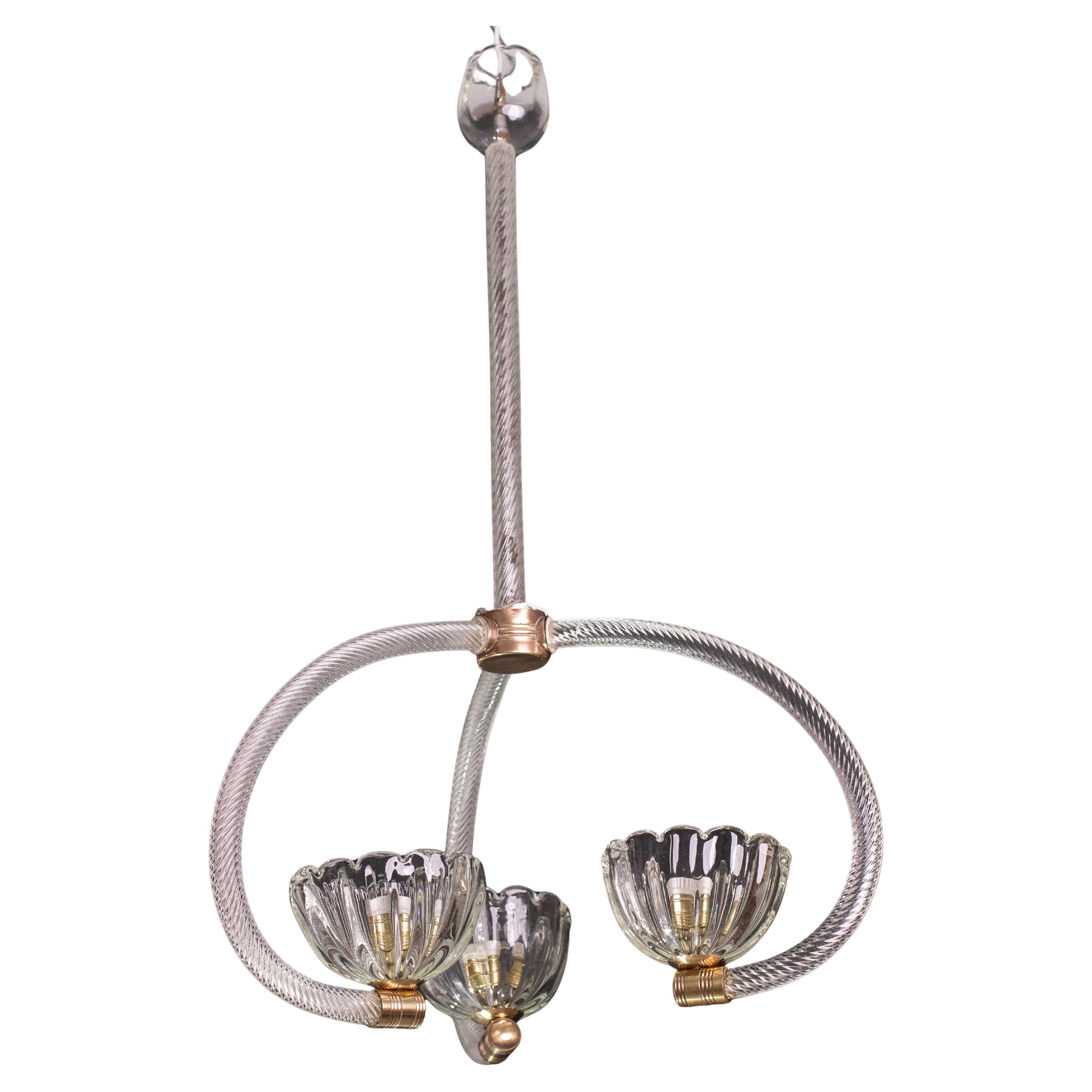 Fantastic 3 Cup Barovier e Toso Art Deco Chandelier, 1940s