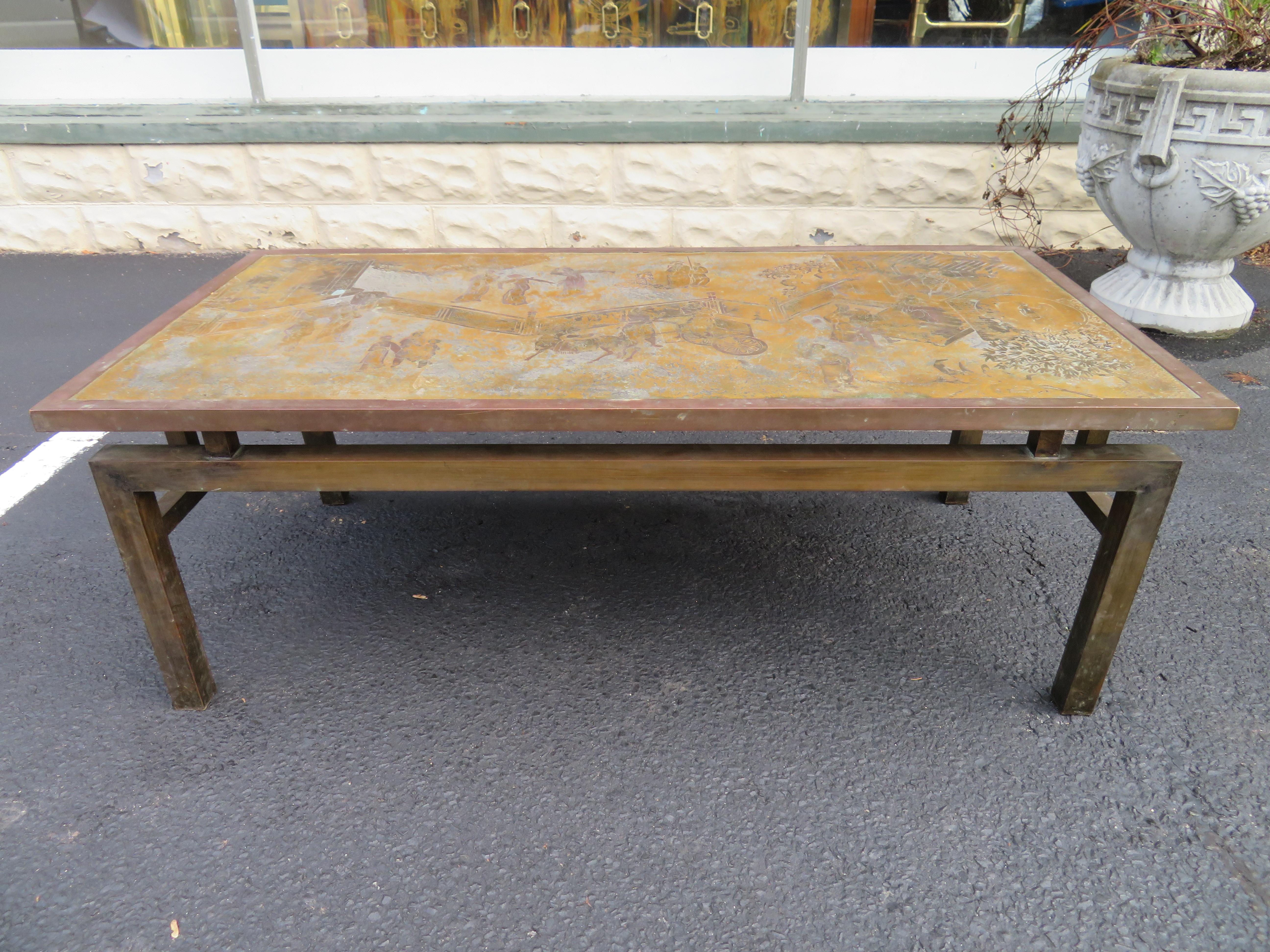 Mid-Century Modern Fantastic Acid Etched Asian Inspired Coffee Table by Phillip and Kelvin Laverne For Sale