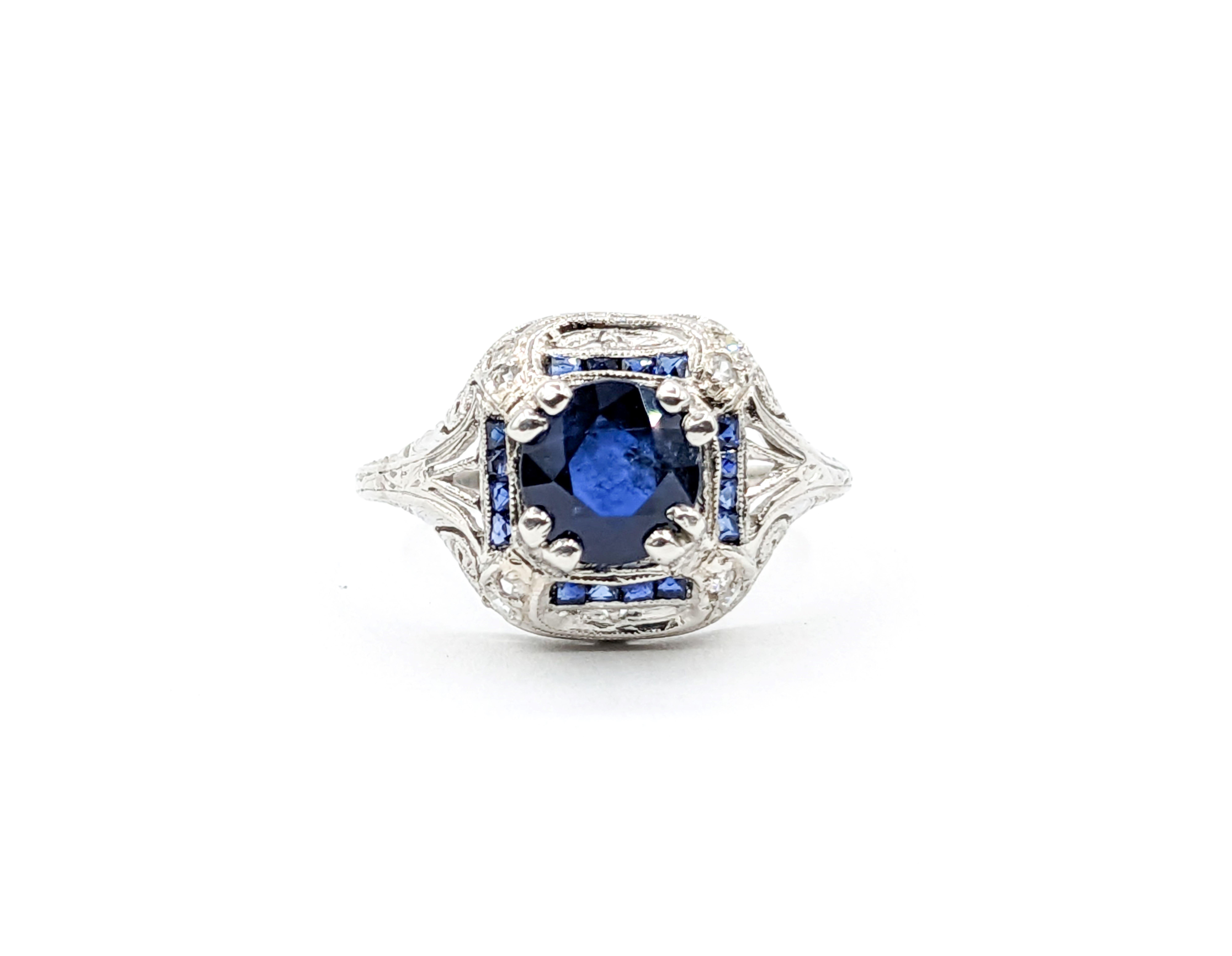Round Cut Fantastic Antique Art Deco Ring with Sapphire and Diamonds in Platinum Filigree