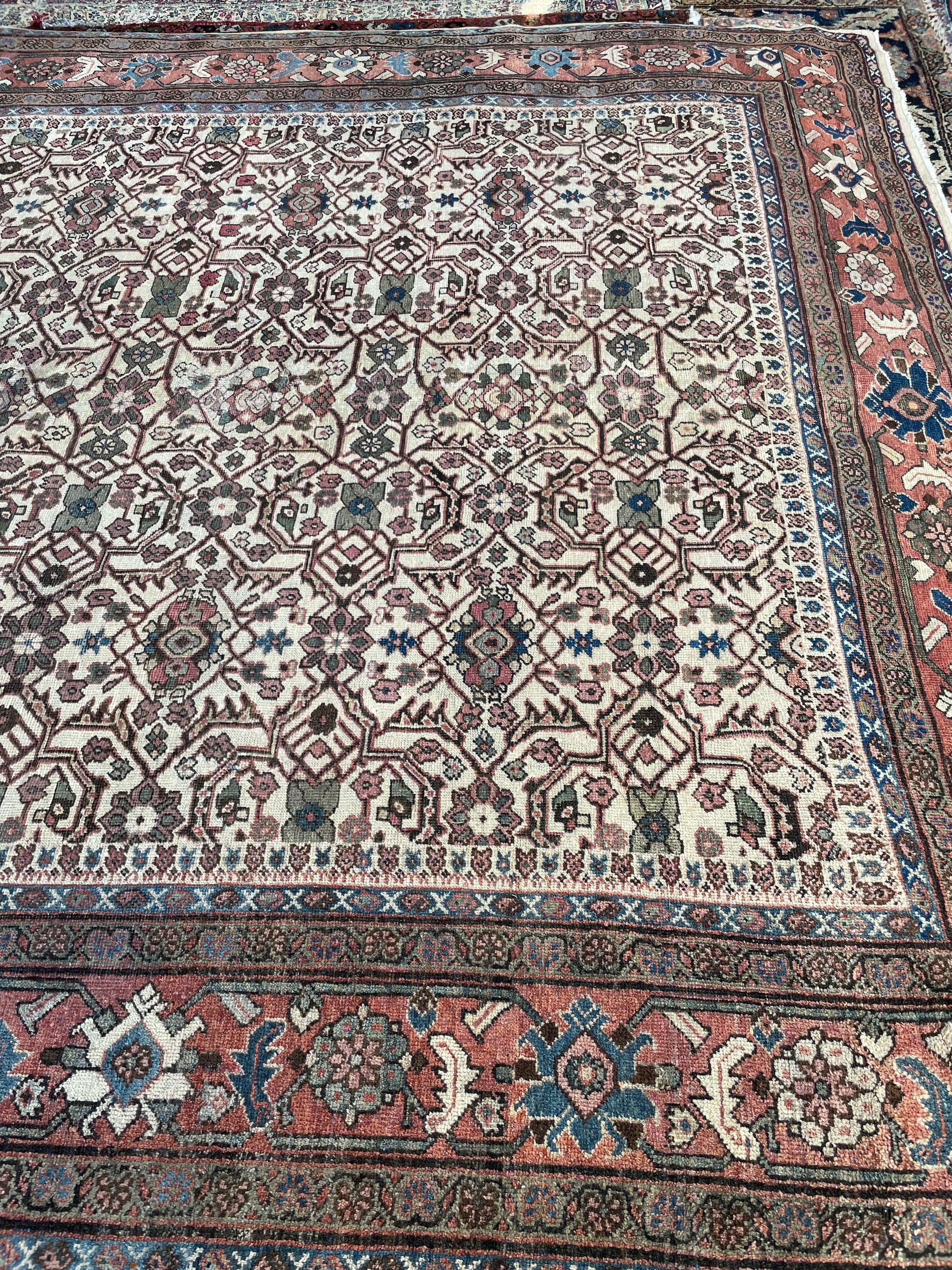 Fantastic Antique Beauty with Intricate Geometric Vines & Dustry Army, Sage, Olive, And Moss Greens

Size: 8.6 x 12
Age: Antique, C. 1930's
Pile: Low/Medium with great age-related patina and minor responsible areas of touch-ups etc. 

This rug is