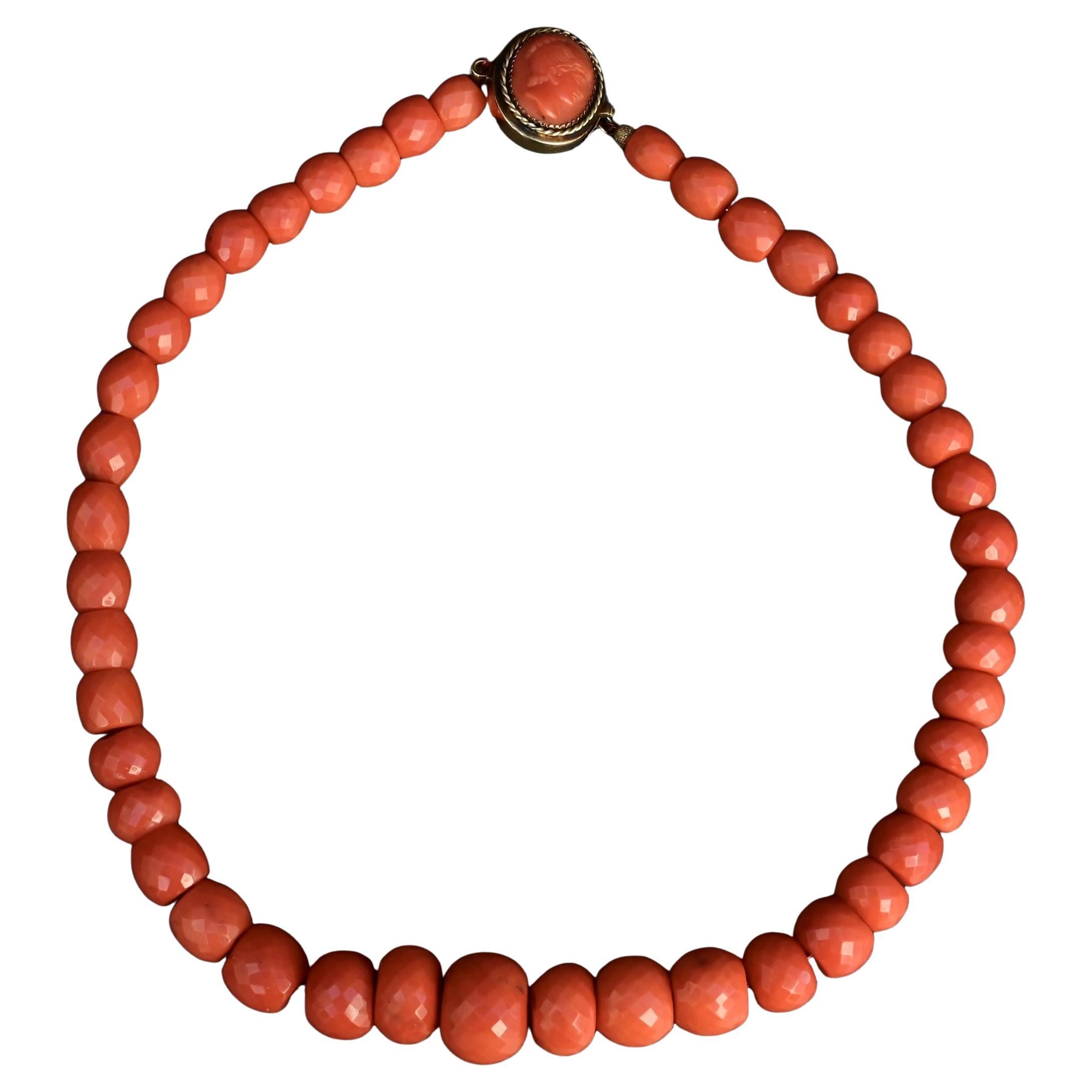 Fantastic Antique Coral Necklace Diamond Etched 101 Grams With Cameo