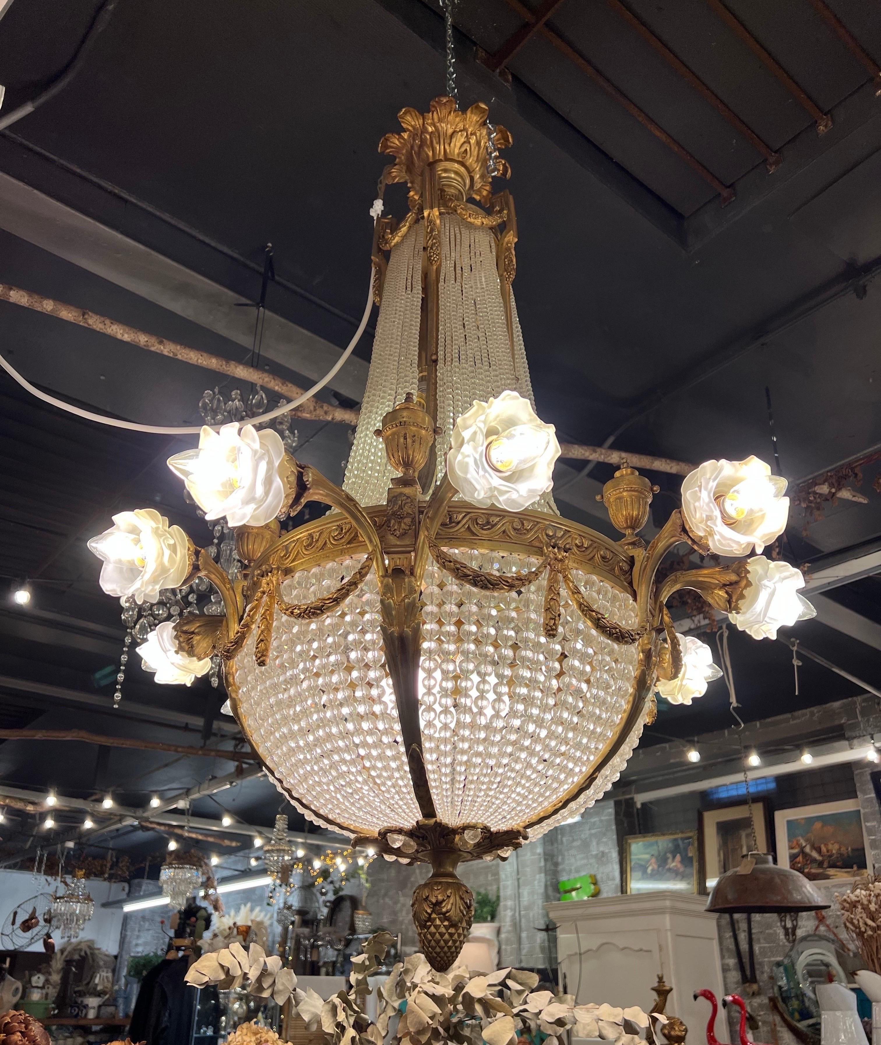 19th Century Fantastic antique French crystal empire chandelier with bronze frame  For Sale