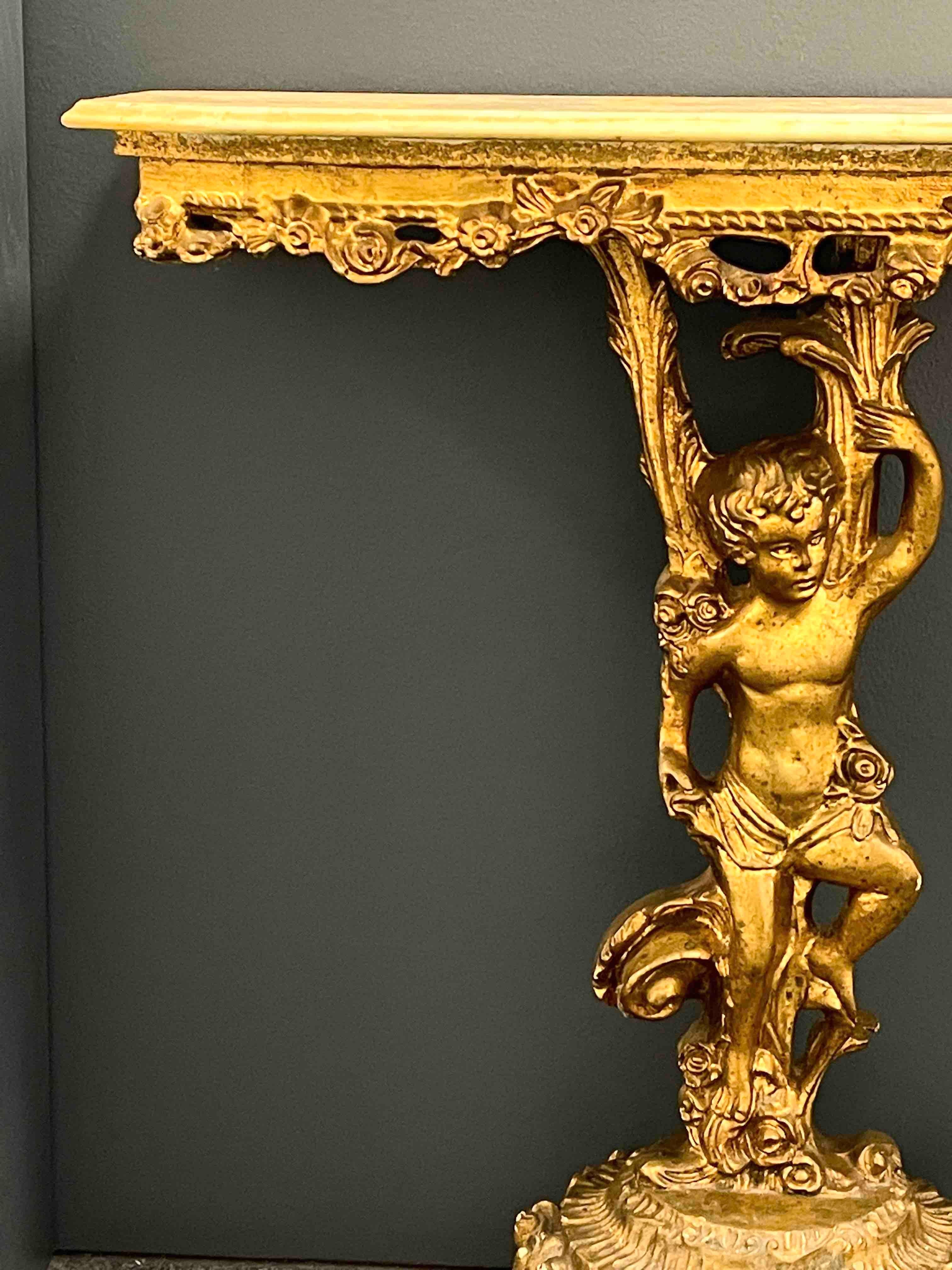 Fantastic Antique Gilt Wood Cherub Console, Hollywood Regency 1950s 3