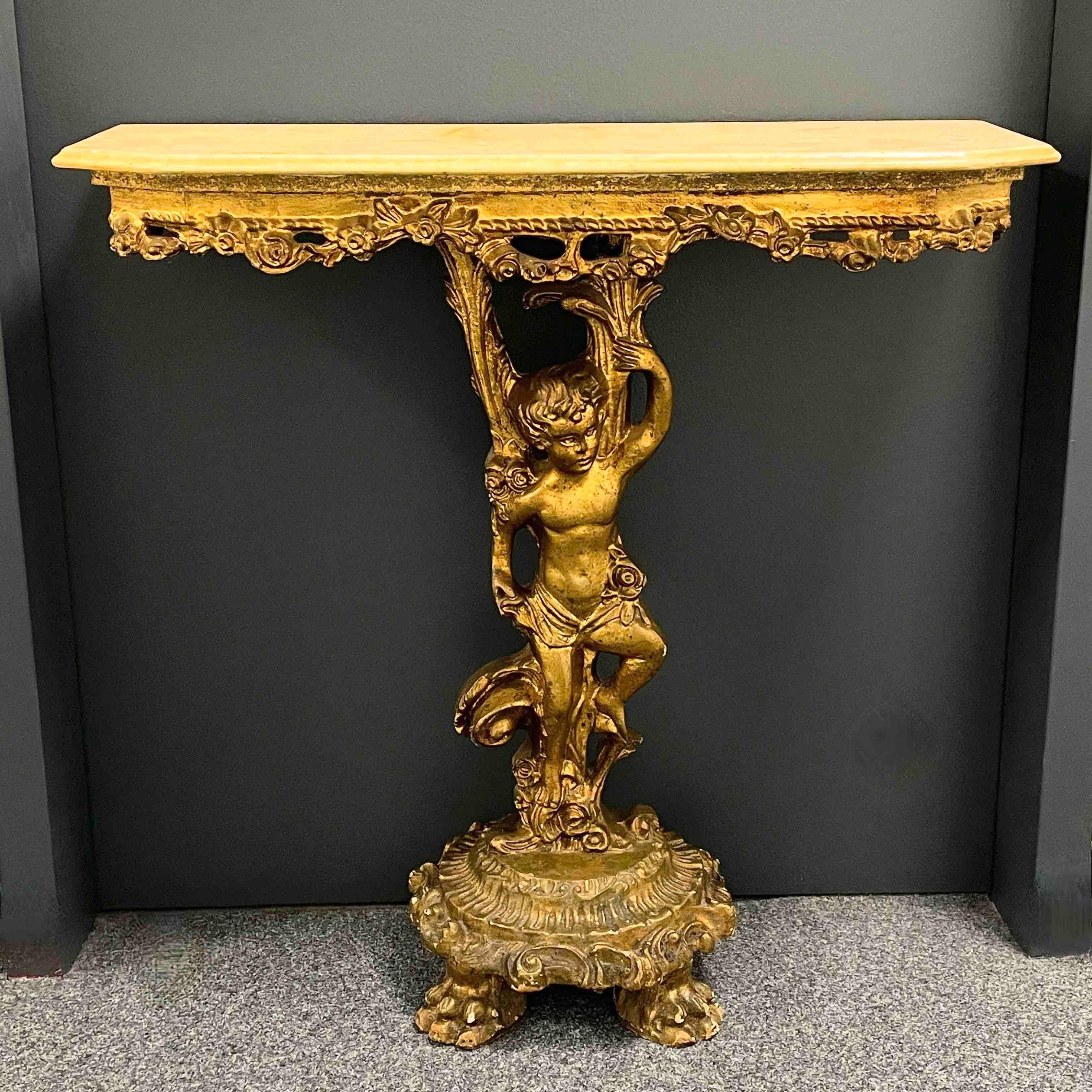 Mid-Century Modern Fantastic Antique Gilt Wood Cherub Console, Hollywood Regency 1950s