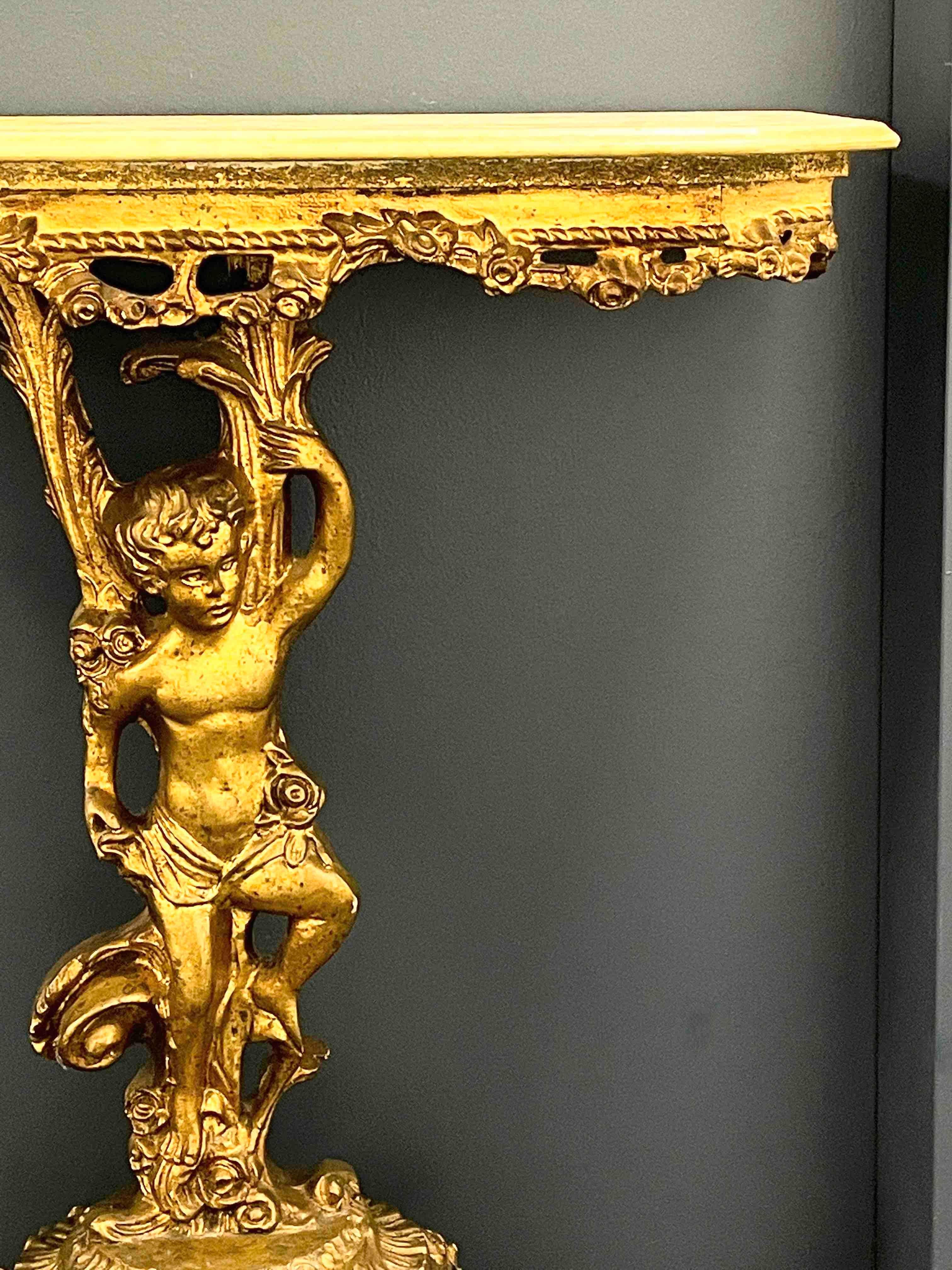 Fantastic Antique Gilt Wood Cherub Console, Hollywood Regency 1950s 2