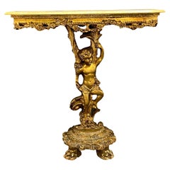 Fantastic Antique Gilt Wood Cherub Console, Hollywood Regency 1950s