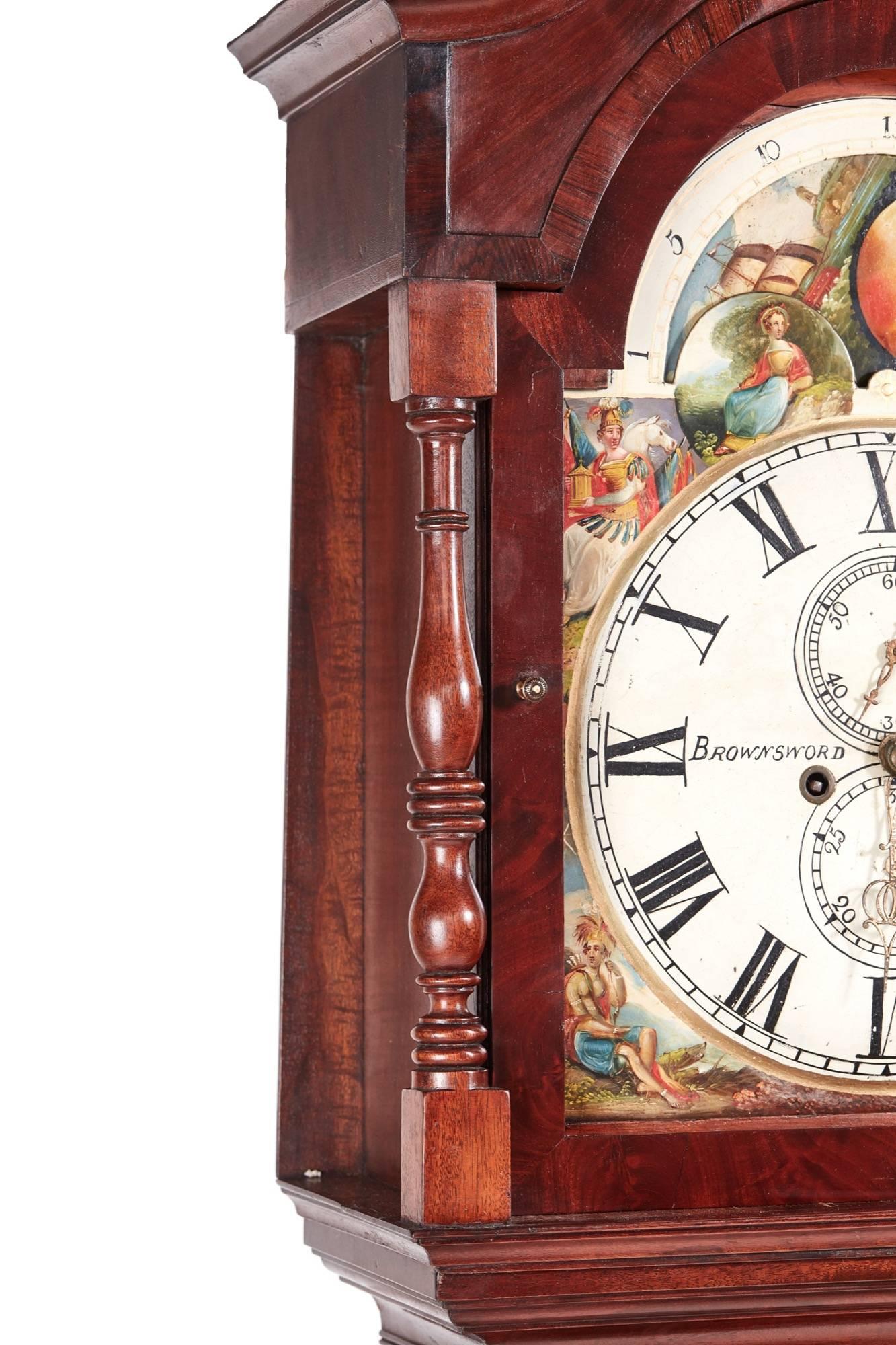 Fantastic Antique Mahogany 8 Day Painted Face Moonphase Grandfather Clock For Sale 3