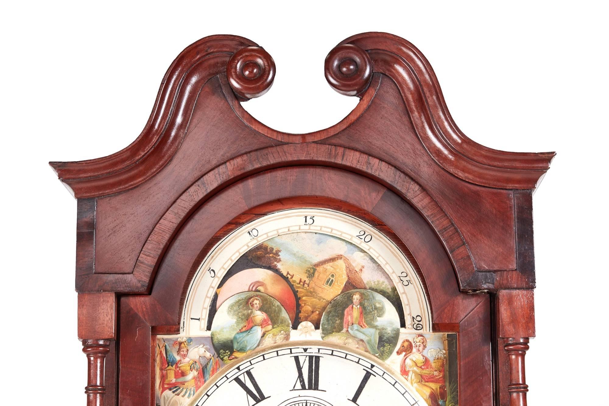 George III Fantastic Antique Mahogany 8 Day Painted Face Moonphase Grandfather Clock For Sale