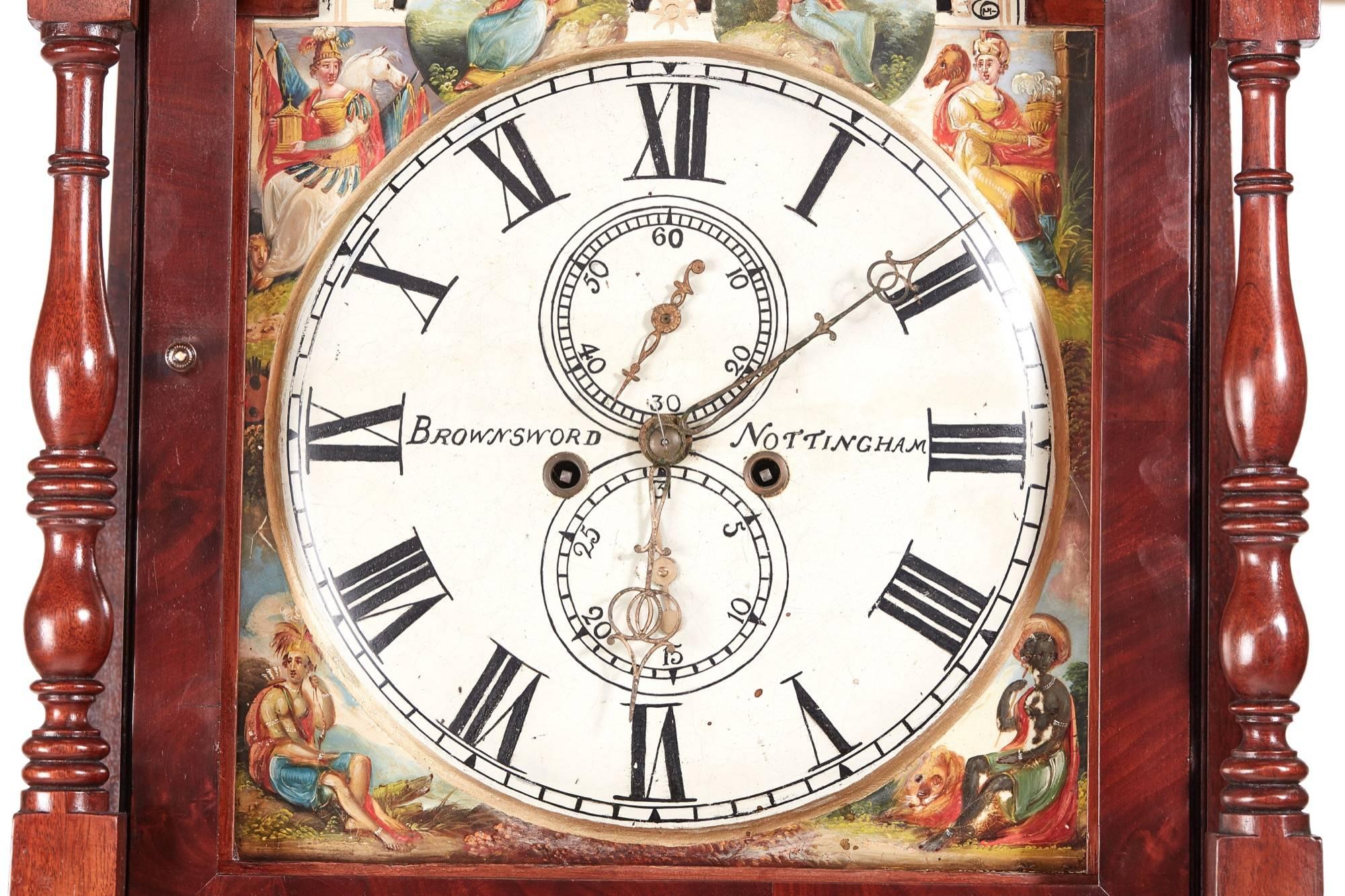 European Fantastic Antique Mahogany 8 Day Painted Face Moonphase Grandfather Clock For Sale