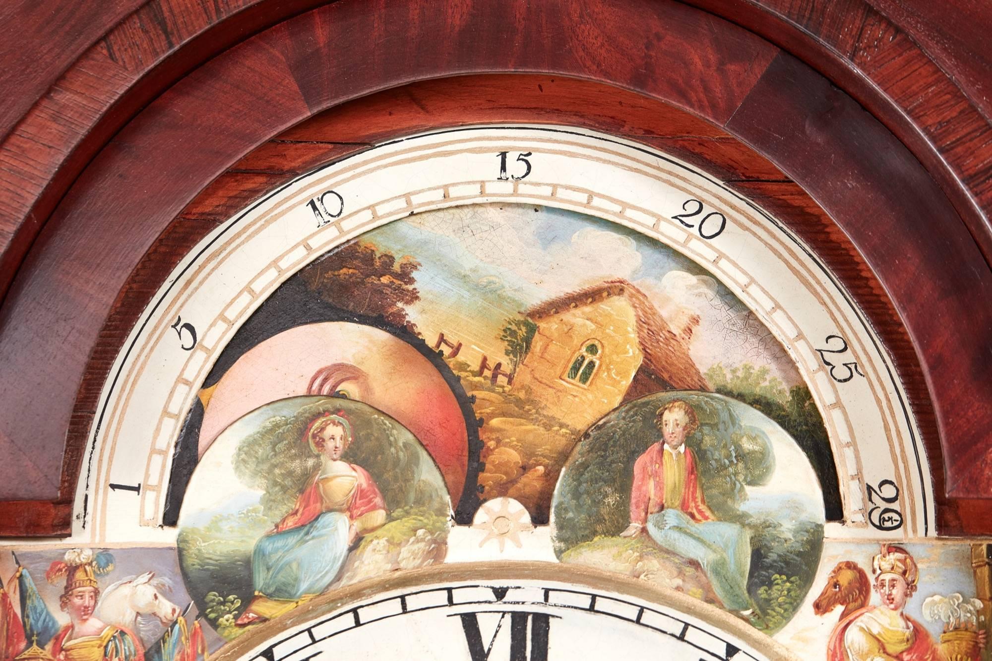 Fantastic Antique Mahogany 8 Day Painted Face Moonphase Grandfather Clock In Excellent Condition For Sale In Stutton, GB