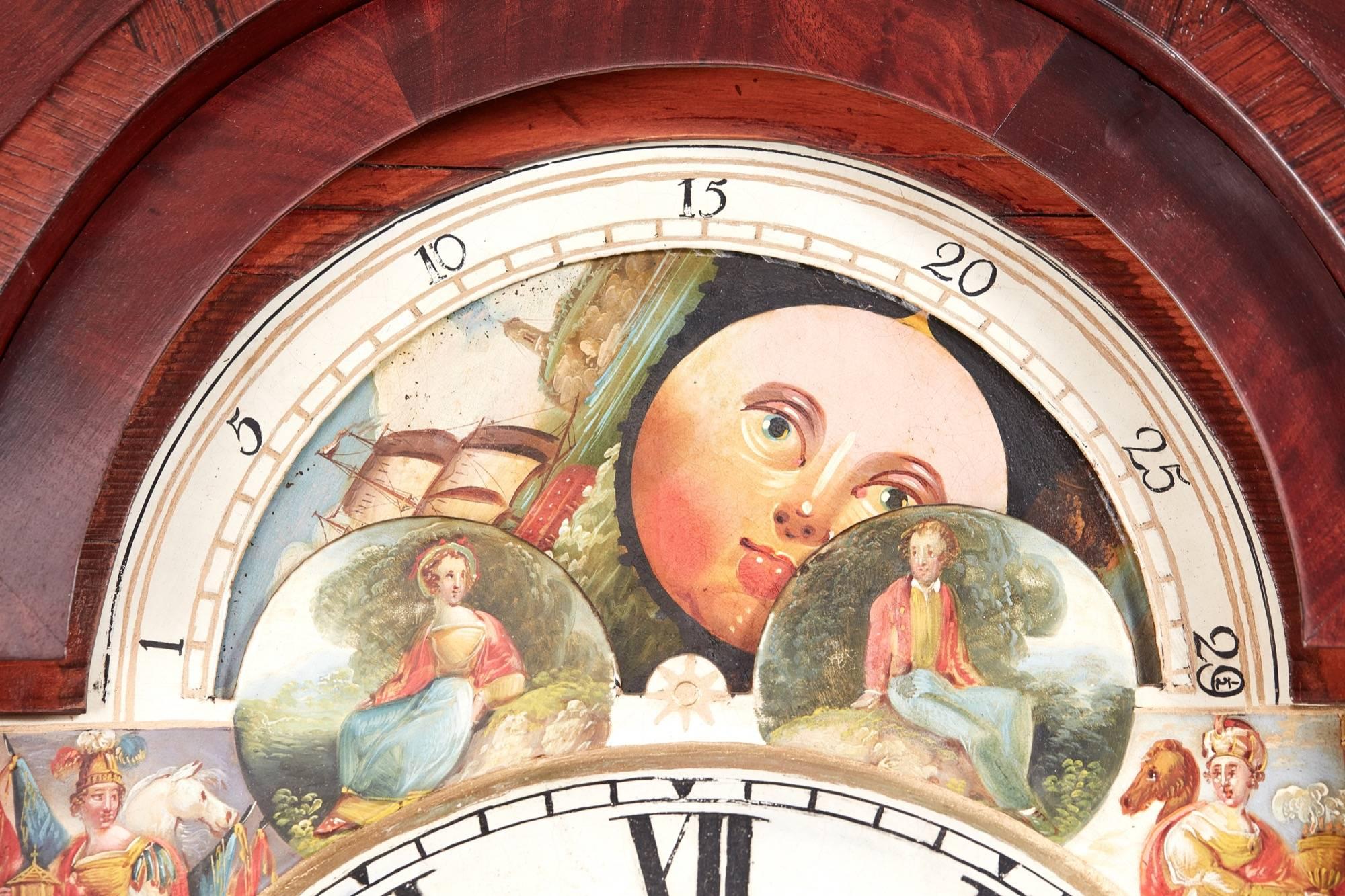 19th Century Fantastic Antique Mahogany 8 Day Painted Face Moonphase Grandfather Clock For Sale