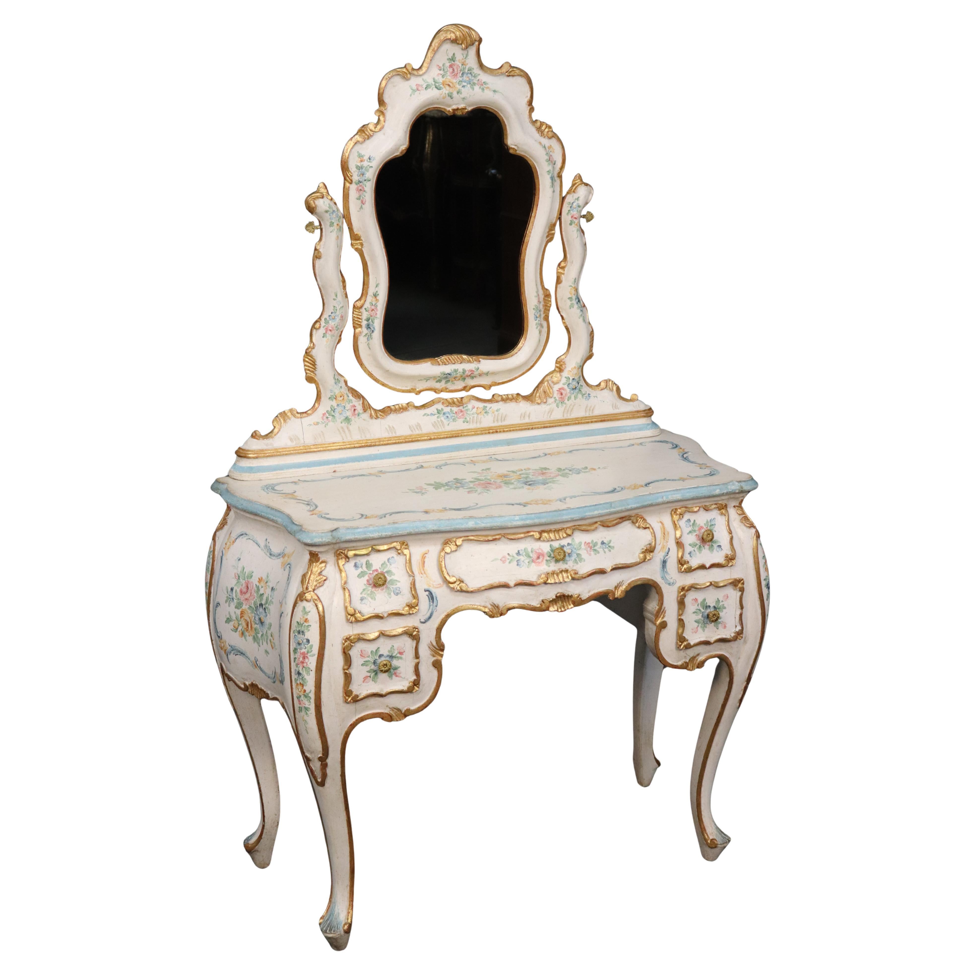 Fantástica Vanty Bomba Veneciana Italiana Antigua Pintada y Dorada con Espejo en venta