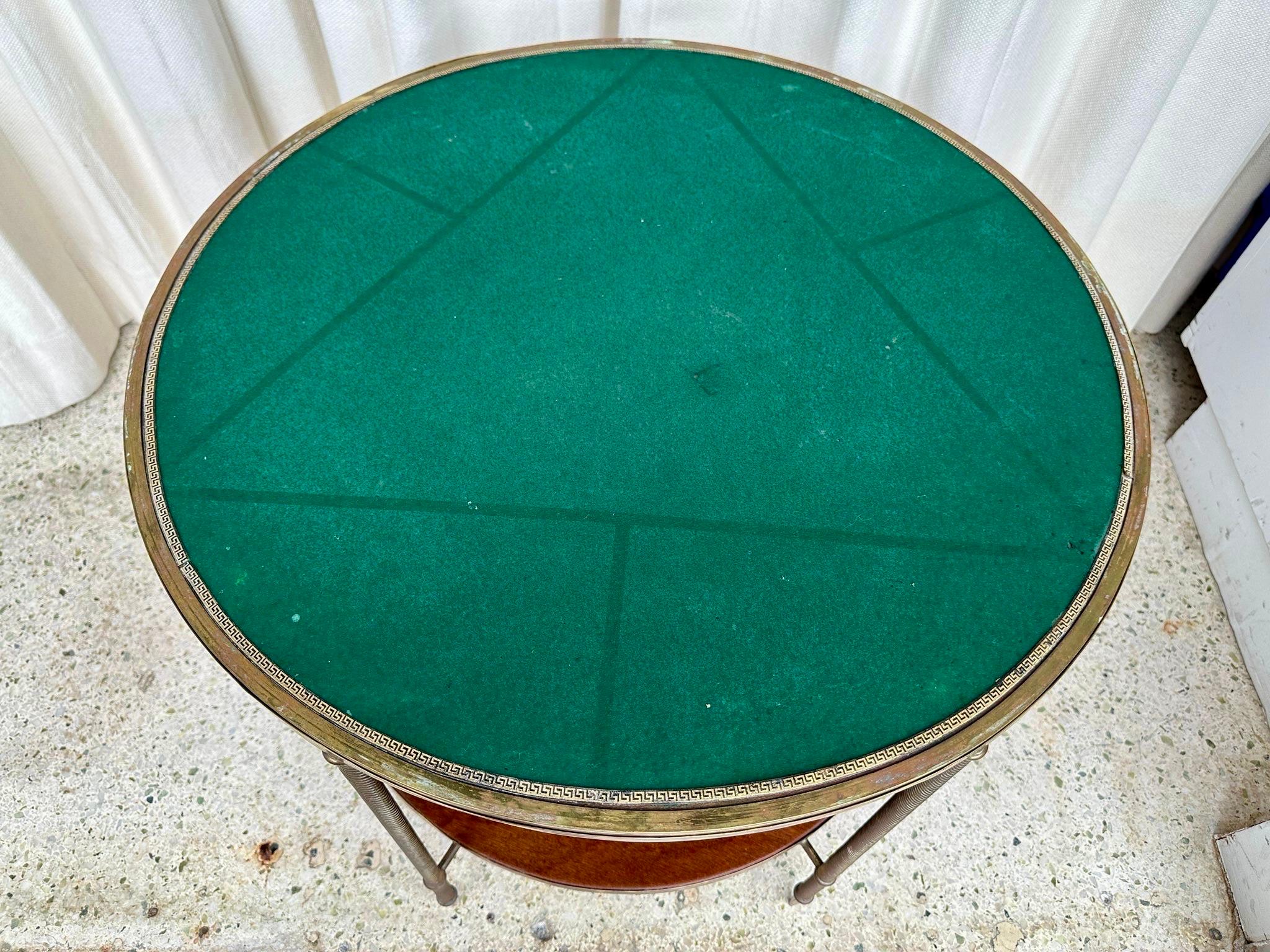 This is a whimsical yet practical table in the style of Maison Jansen or Maison Bagues.  This exceptional mahogany two-tier table with elegant brass trim and legs.  Features a reversible top with original green felt for card play.  SEE all detail