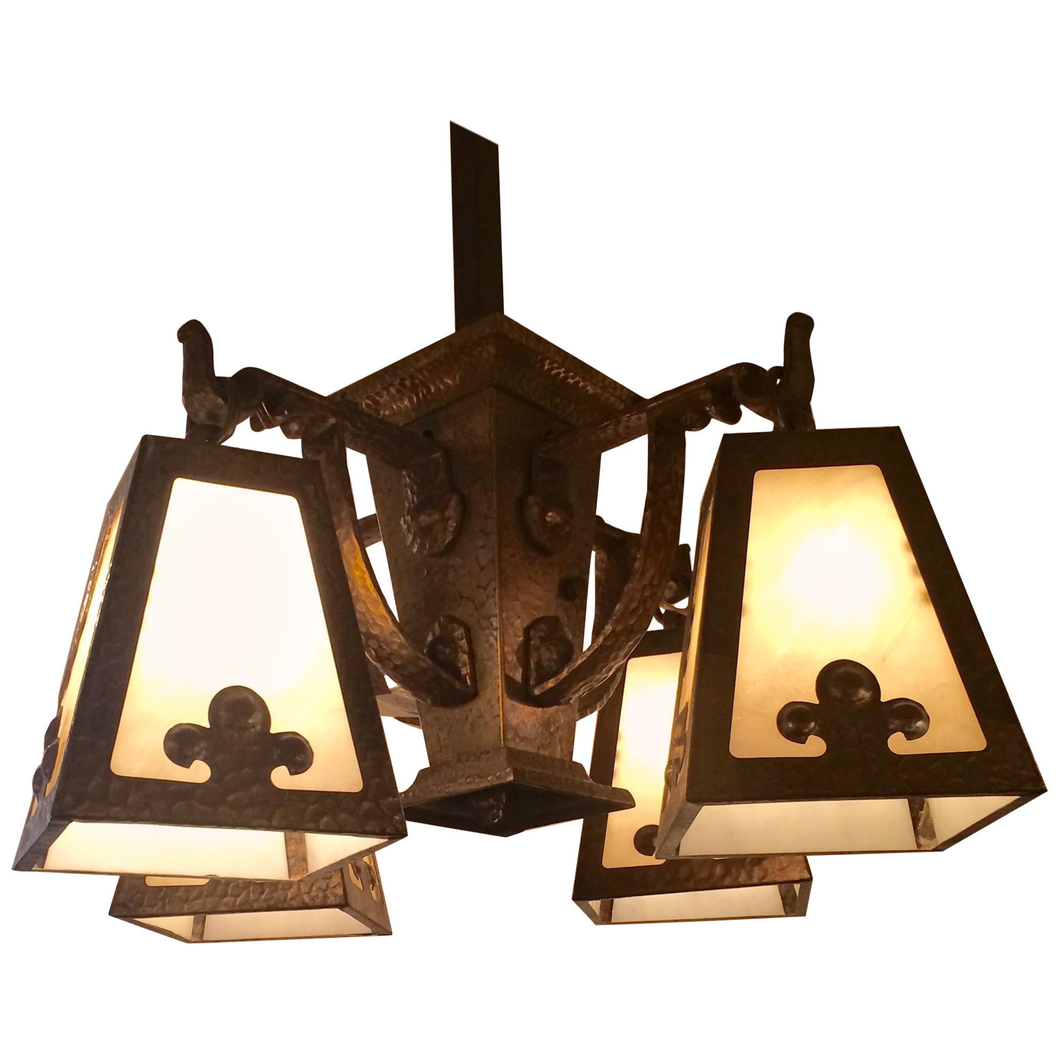 Fantastic Arts & Crafts Hammered Brass and Art Glass Chandelier For Sale