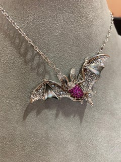 Fantastic Bat Pink Sapphire Diamond White Gold 18k Necklace for Her for Him