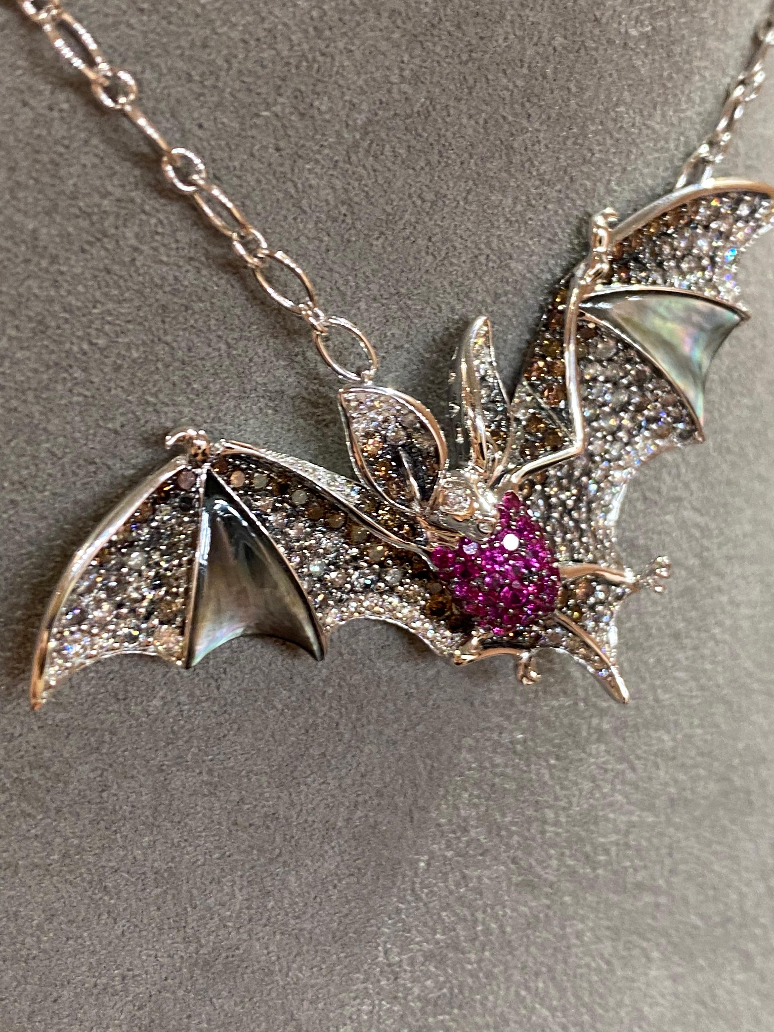 Modern Fantastic Bat Pink Sapphire Diamond White Gold 18k Necklace for Her for Him For Sale