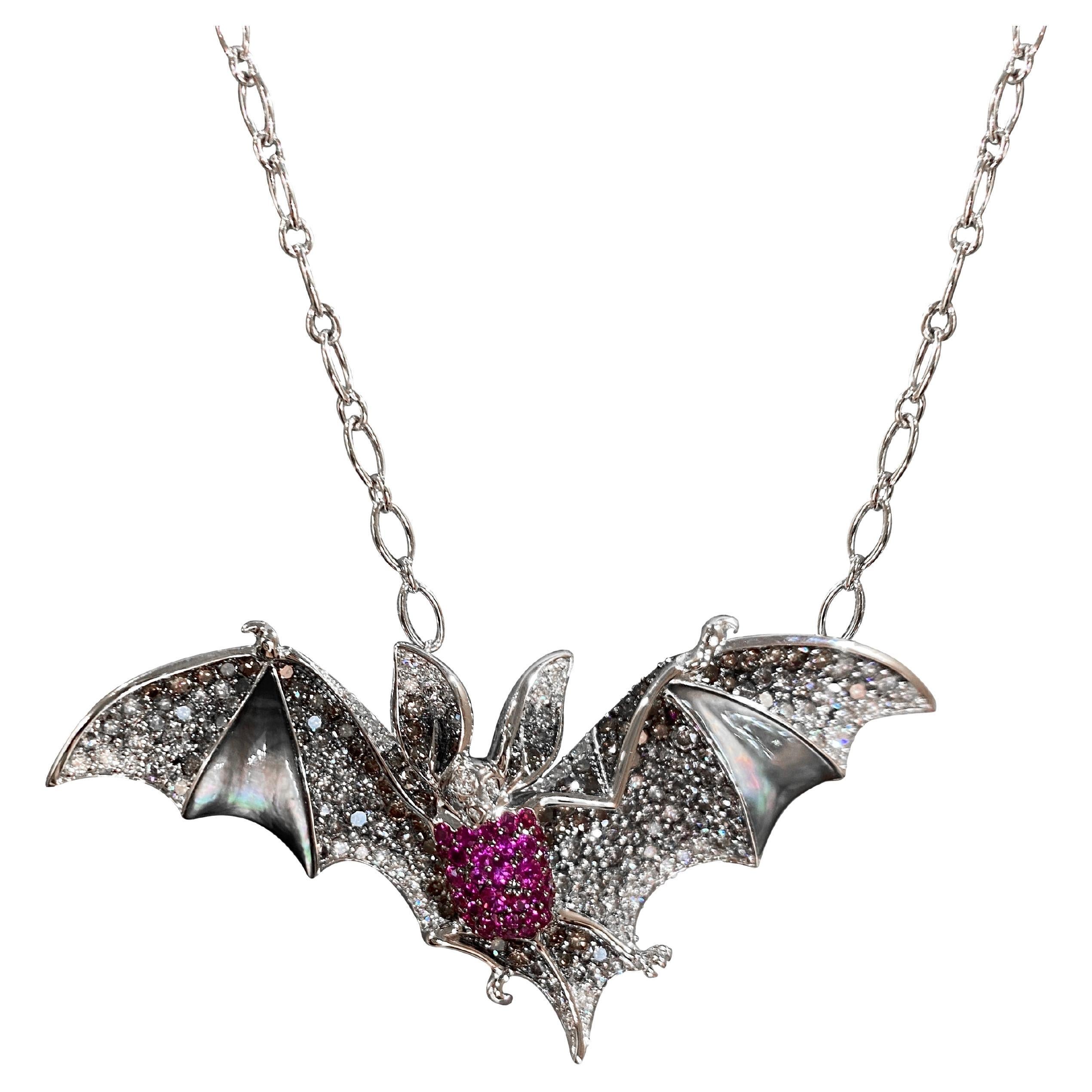 Fantastic Bat Pink Sapphire Diamond White Gold 18k Necklace for Her for Him For Sale