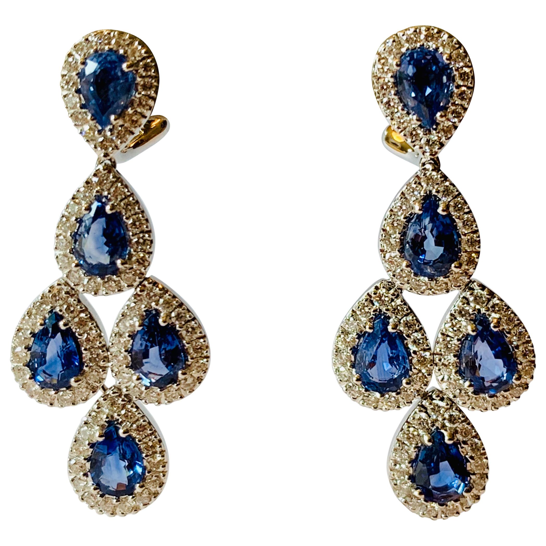 Kronleuchter-Tropfen-Ohrringe mit blauem und Saphir-Diamant