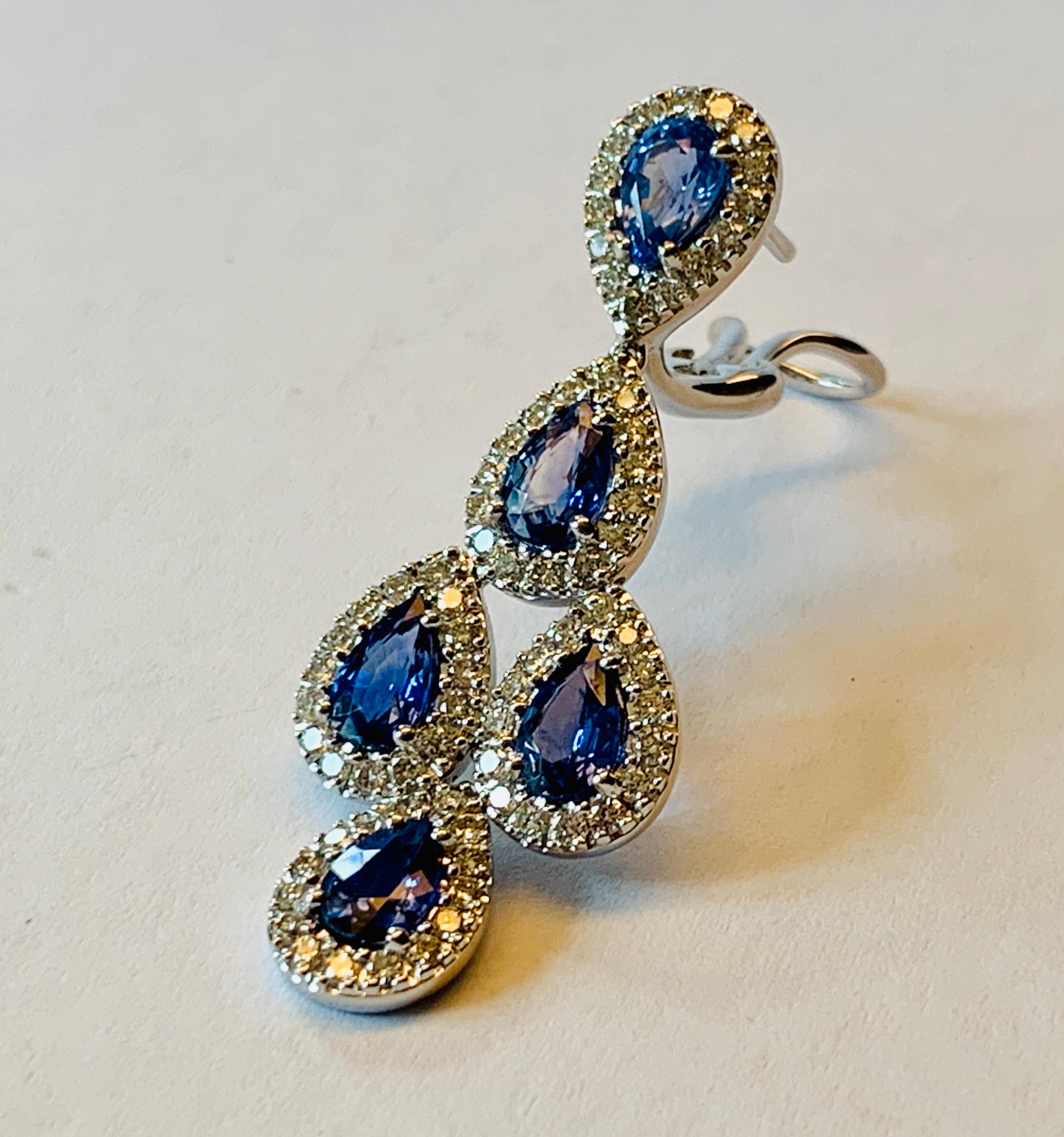 Fantastic Blue and Sapphire Diamond Chandelier Drop Earrings For Sale 3