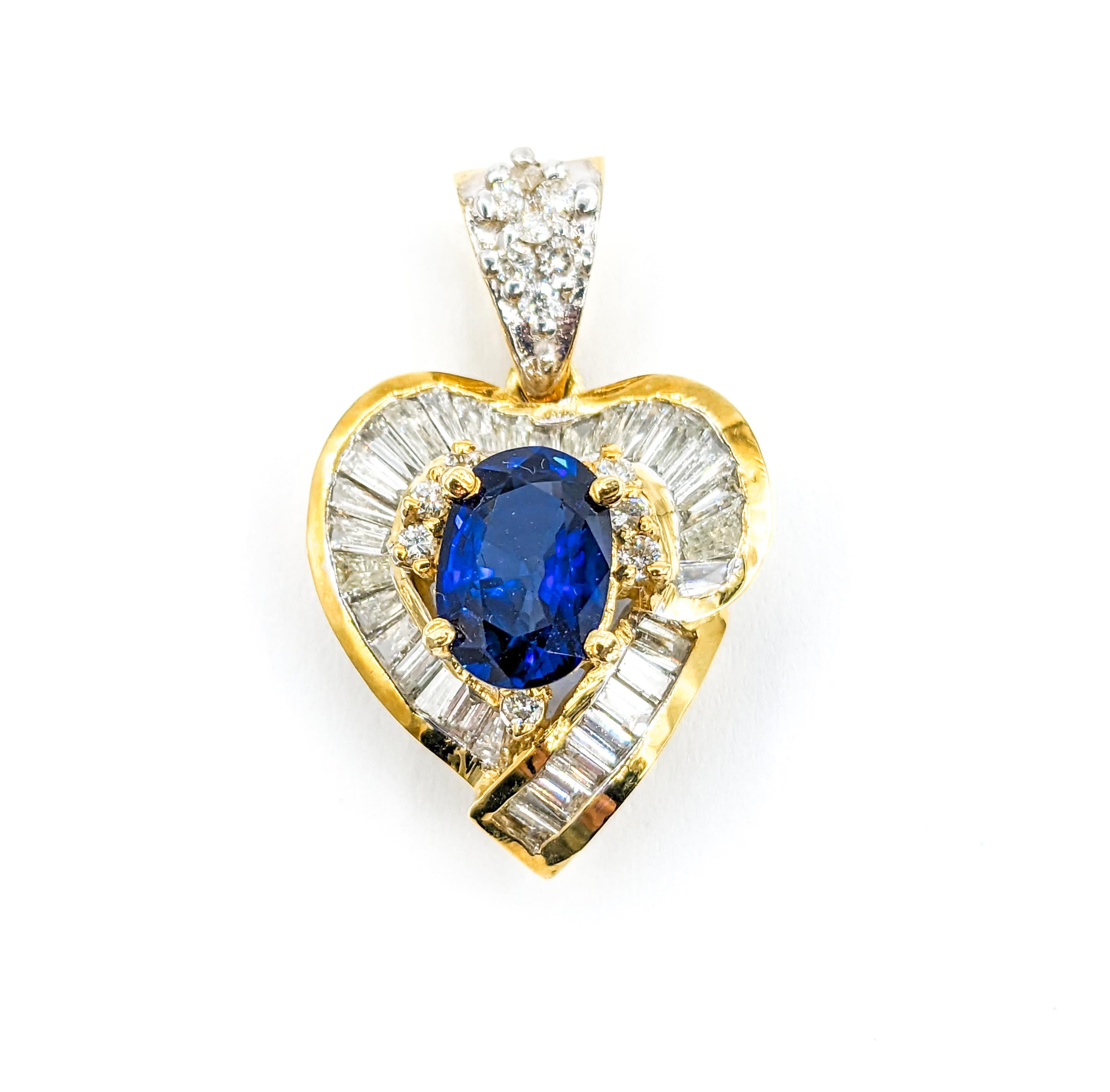 Fantastic Blue Sapphire & Diamond Heart Pendant in 18k Yellow Gold

Experience the allure of our exquisite pendant, crafted with precision in 18k yellow gold. This elegant piece showcases a stunning 2.04ct oval diffused Sapphire, radiating a deep,